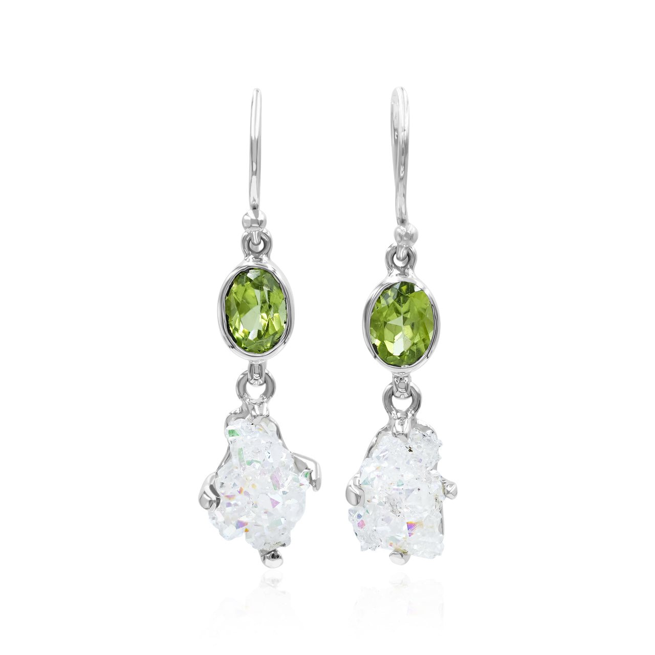 Starborn Peridot with Angel Aura Quartz Crystal Dangle Earrings in Sterling Silver