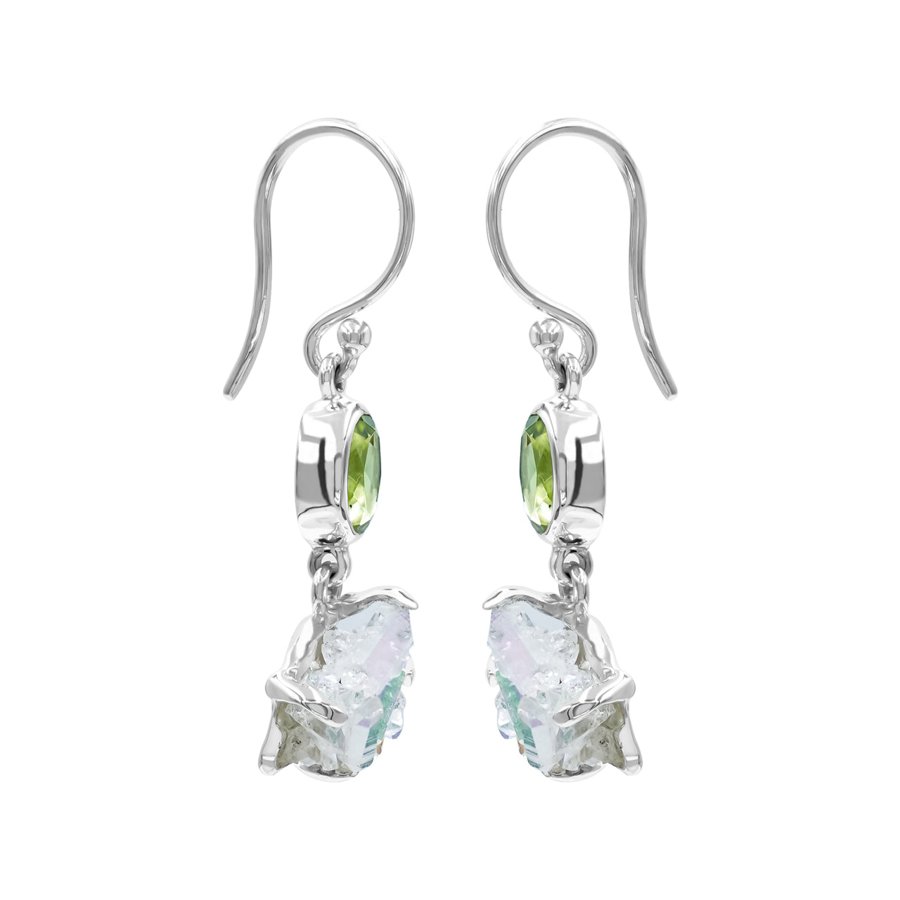 Starborn Peridot with Angel Aura Quartz Crystal Dangle Earrings in Sterling Silver