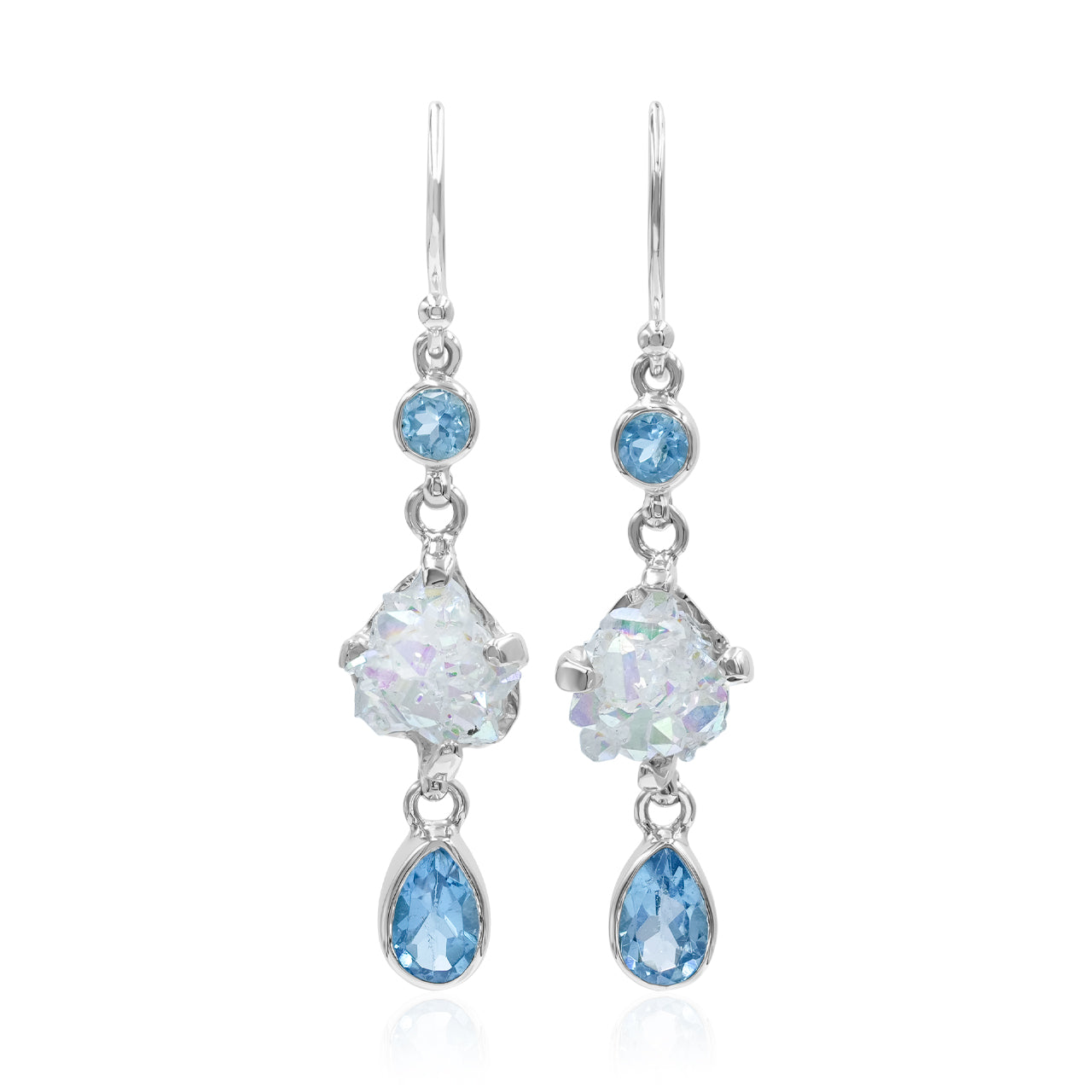 Starborn Blue Topaz & Angel Aura Quartz Crystal Dangle Earrings in Sterling Silver