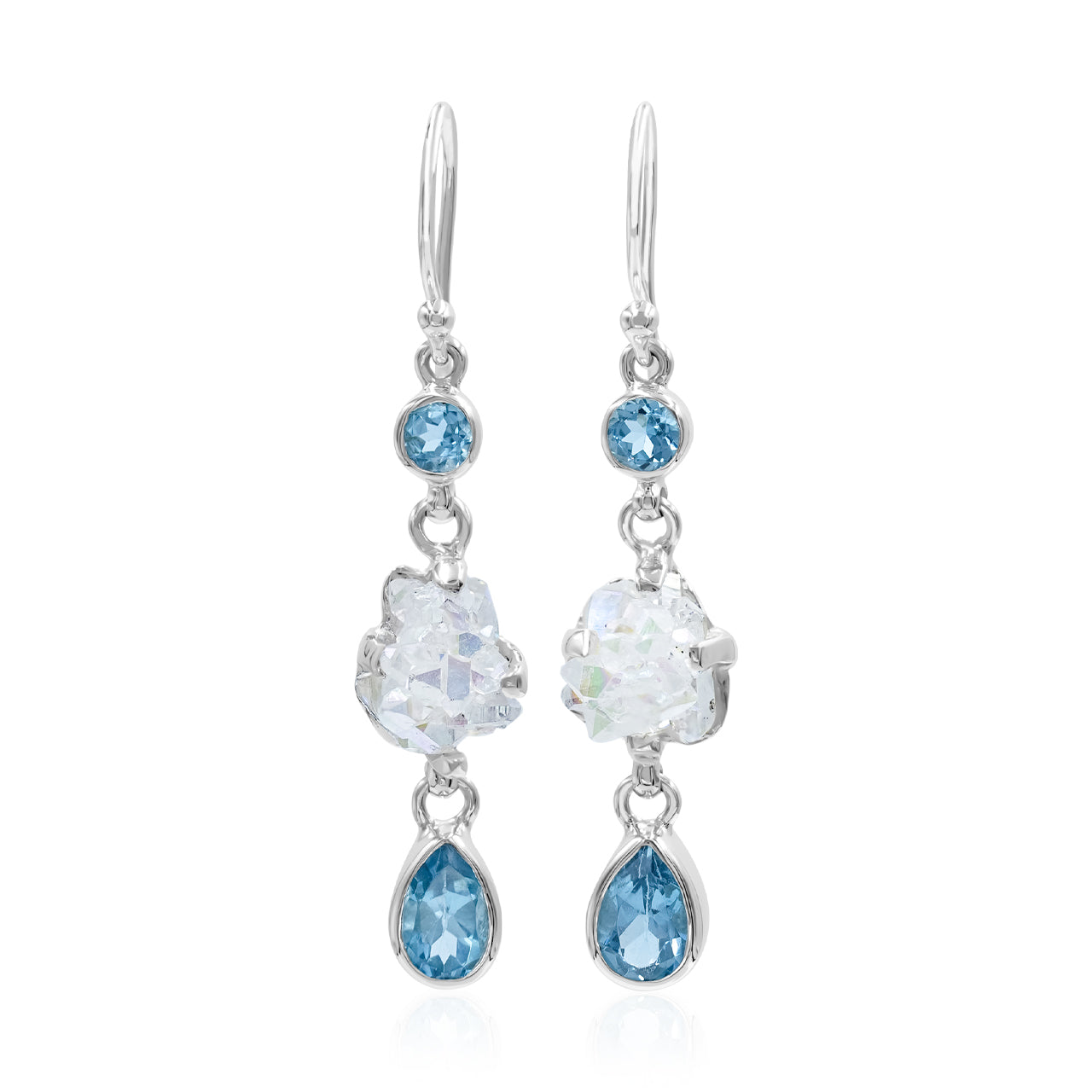 Starborn Blue Topaz & Angel Aura Quartz Crystal Dangle Earrings in Sterling Silver