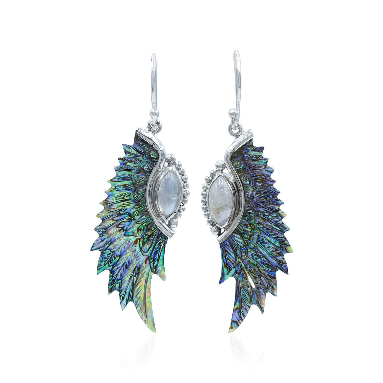 Starborn Carved Feather Abalone Shell with Rainbow Moonstone Accents Dangle Earrings in Sterling Silver