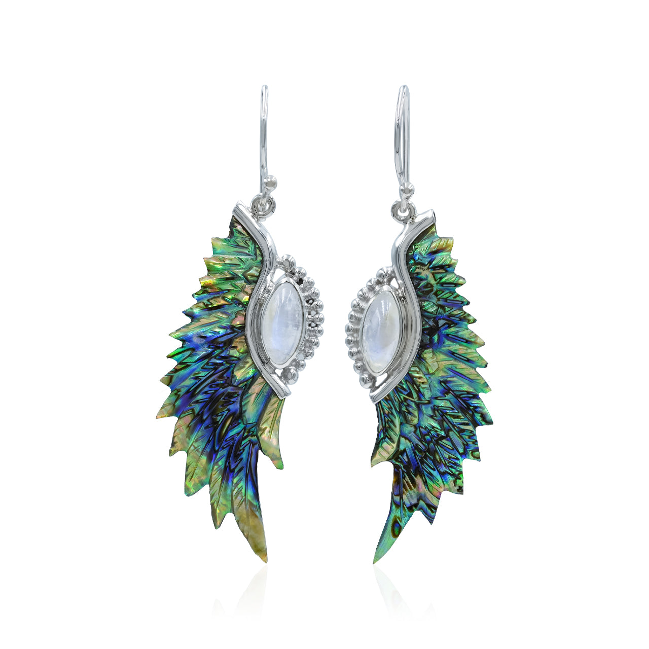 Starborn Carved Feather Abalone Shell with Rainbow Moonstone Accents Dangle Earrings in Sterling Silver