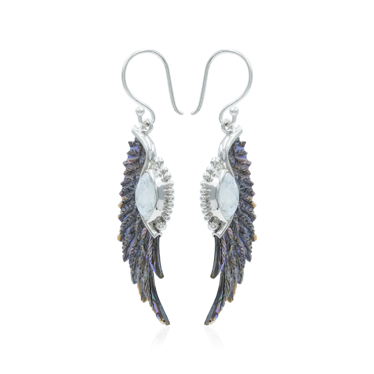 Starborn Carved Feather Abalone Shell with Rainbow Moonstone Accents Dangle Earrings in Sterling Silver