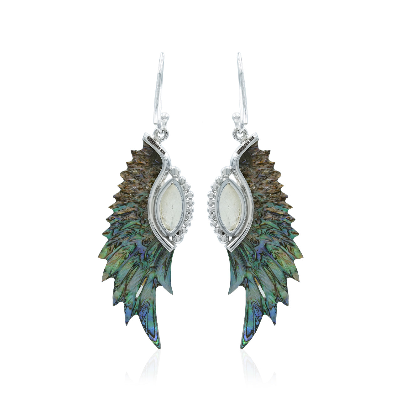 Starborn Carved Feather Abalone Shell with Rainbow Moonstone Accents Dangle Earrings in Sterling Silver