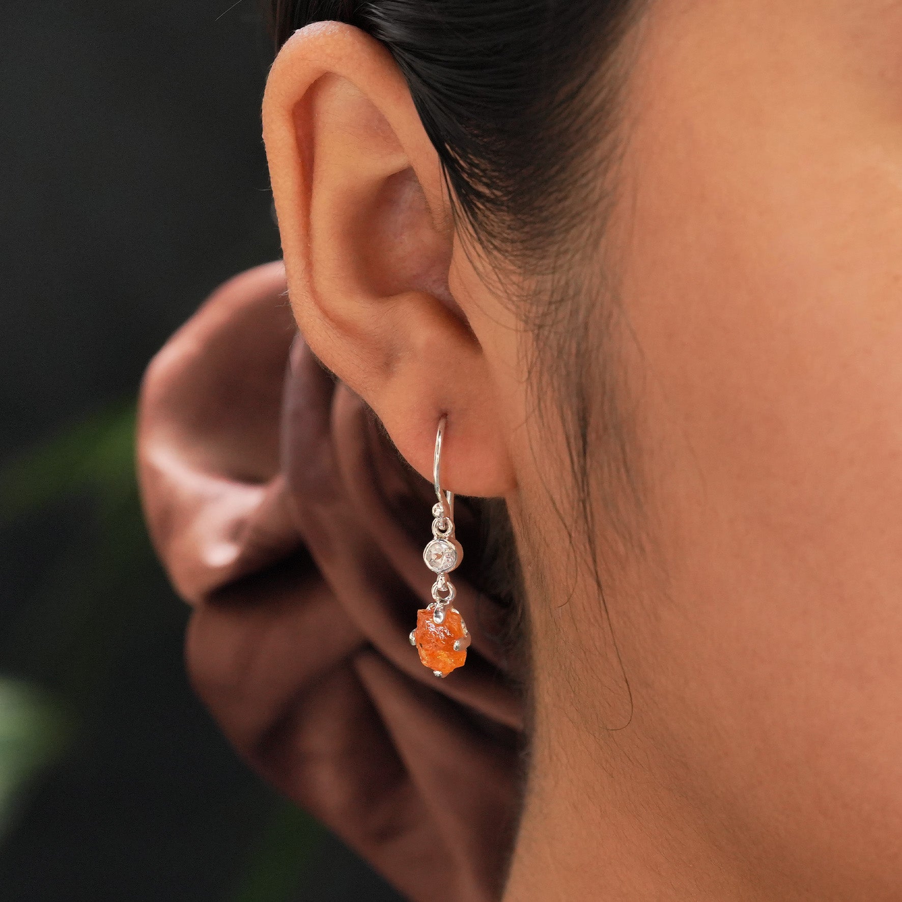 Starborn Spessartite Garnet Rough with White Topaz Accent Earring in Sterling Silver