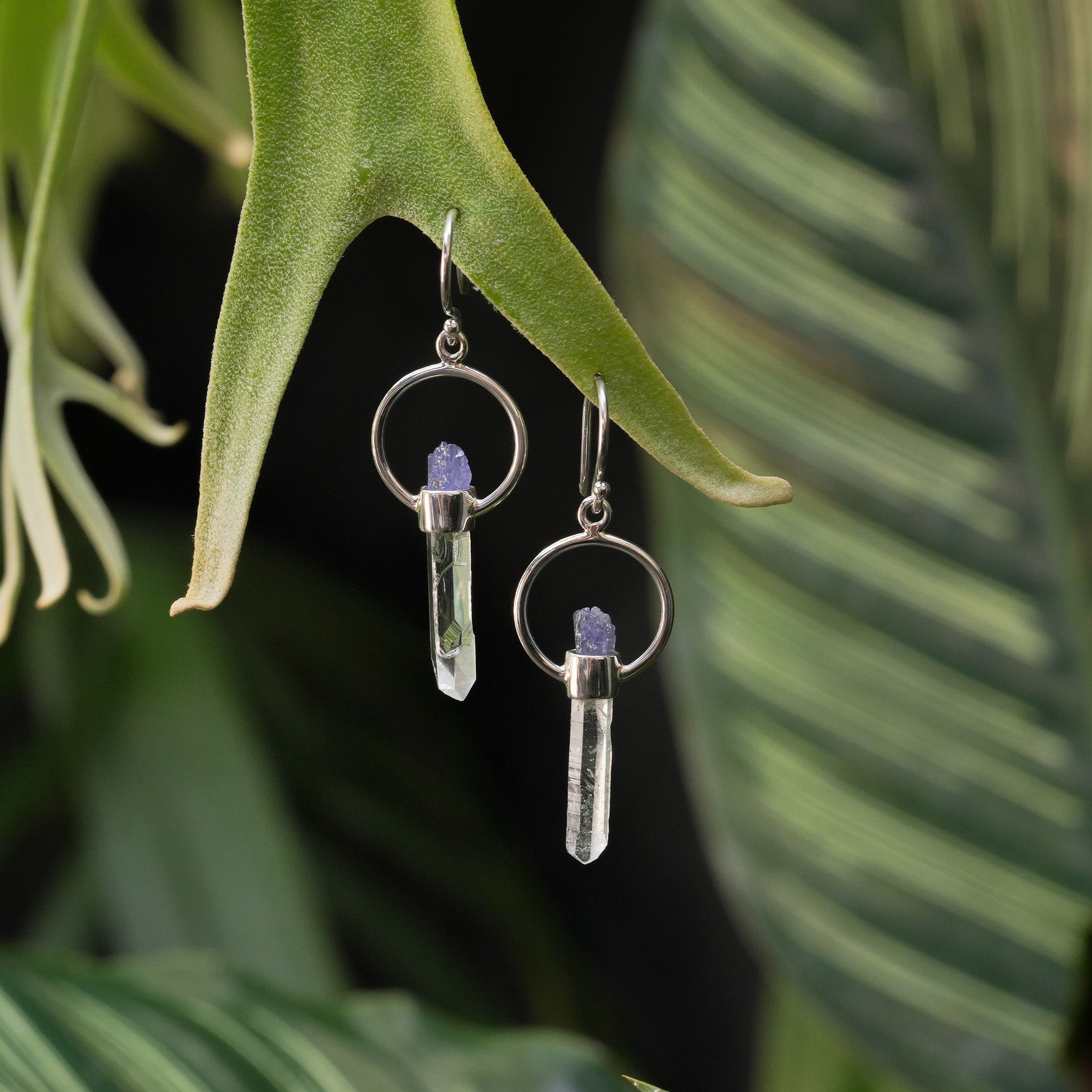 Starborn Quartz Crystal with Tanzanite Rough Earring in Sterling Silver