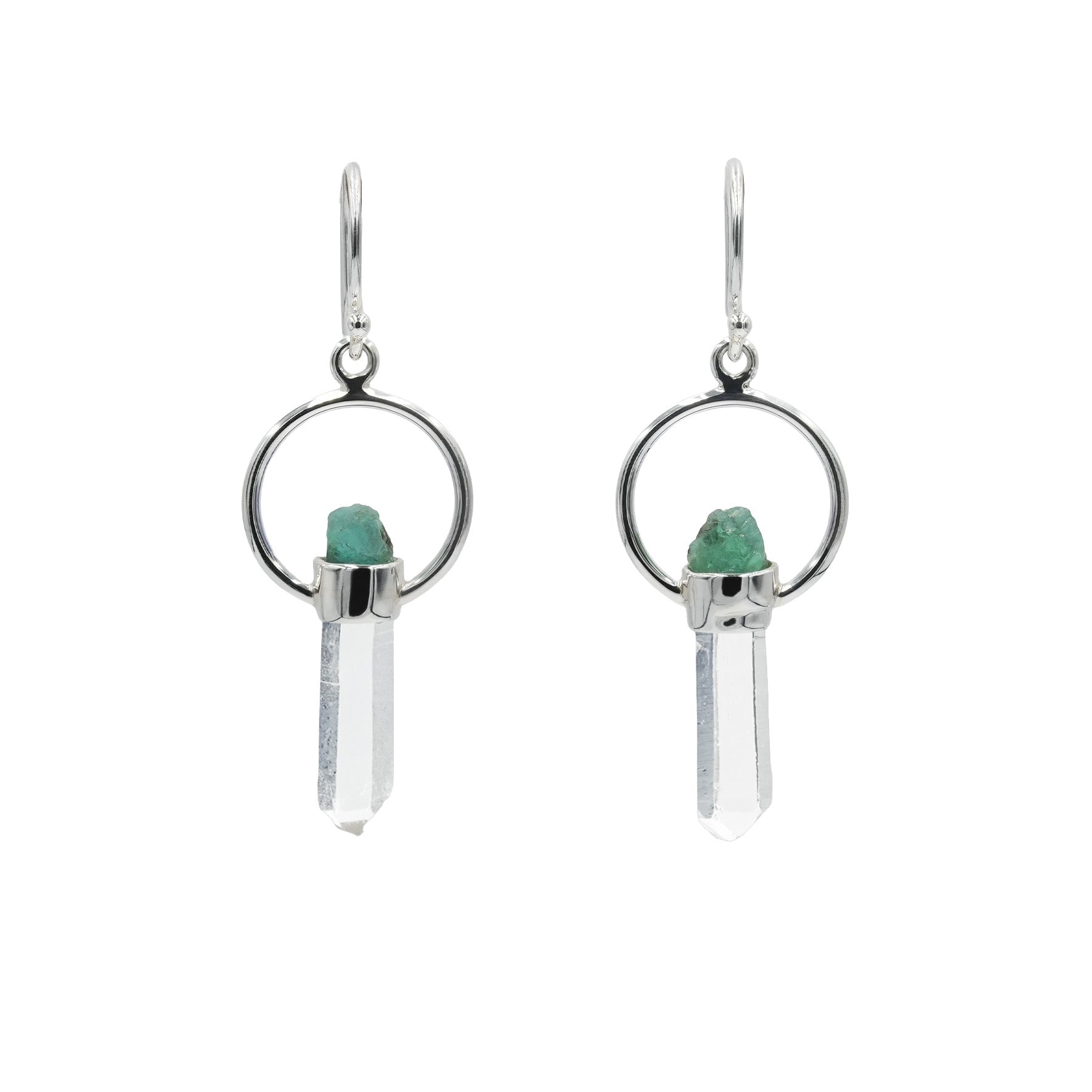 Starborn Quartz Crystal with Emerald Crystal Earring in Sterling Silver