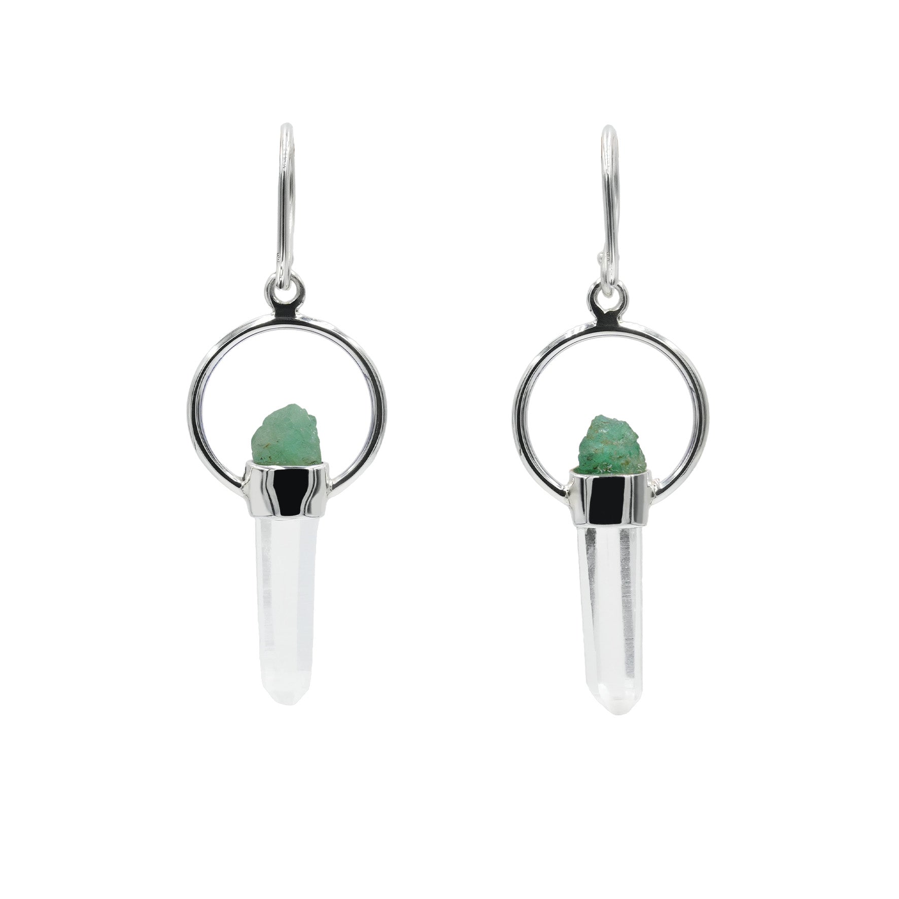 Starborn Quartz Crystal with Emerald Crystal Earring in Sterling Silver