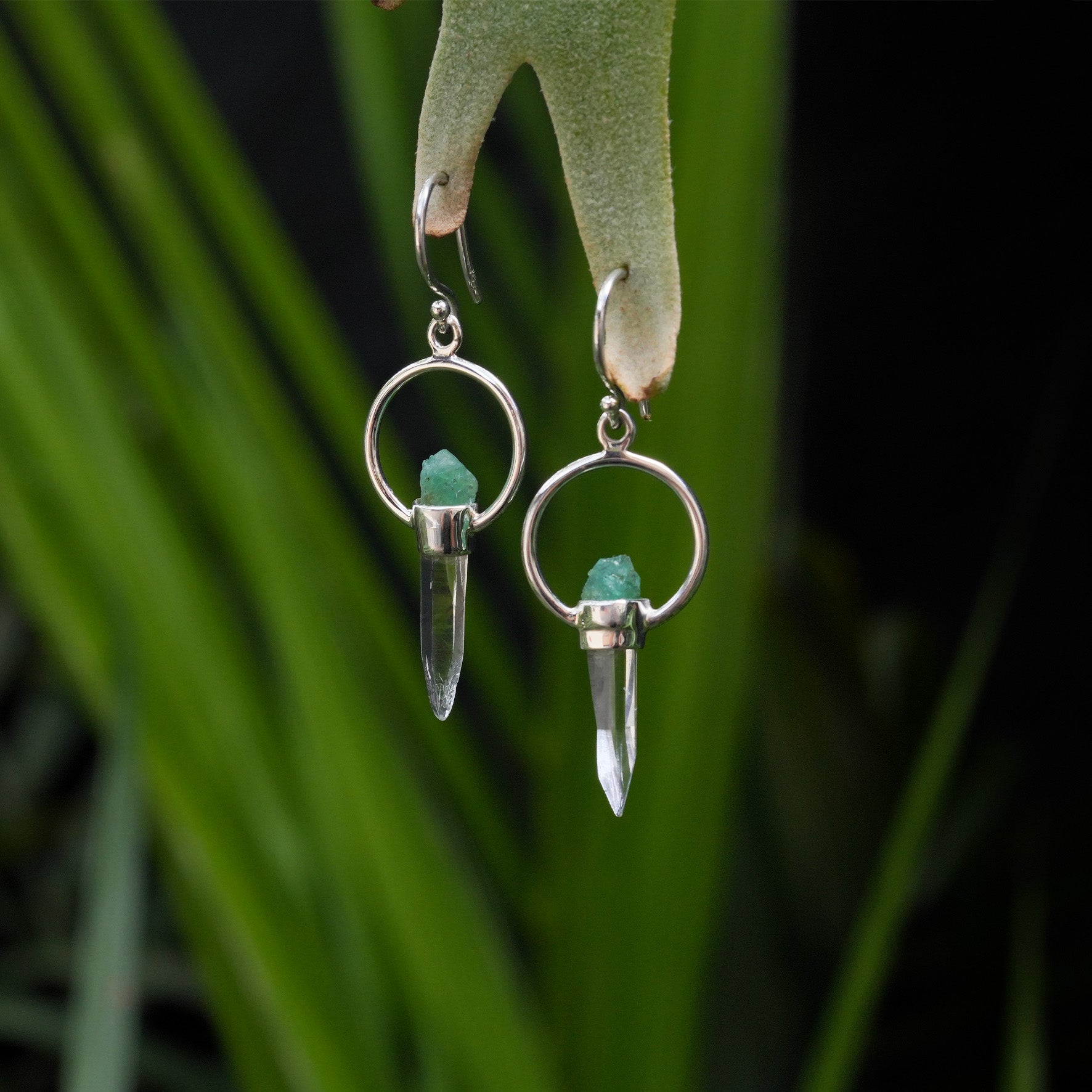 Starborn Quartz Crystal with Emerald Crystal Earring in Sterling Silver