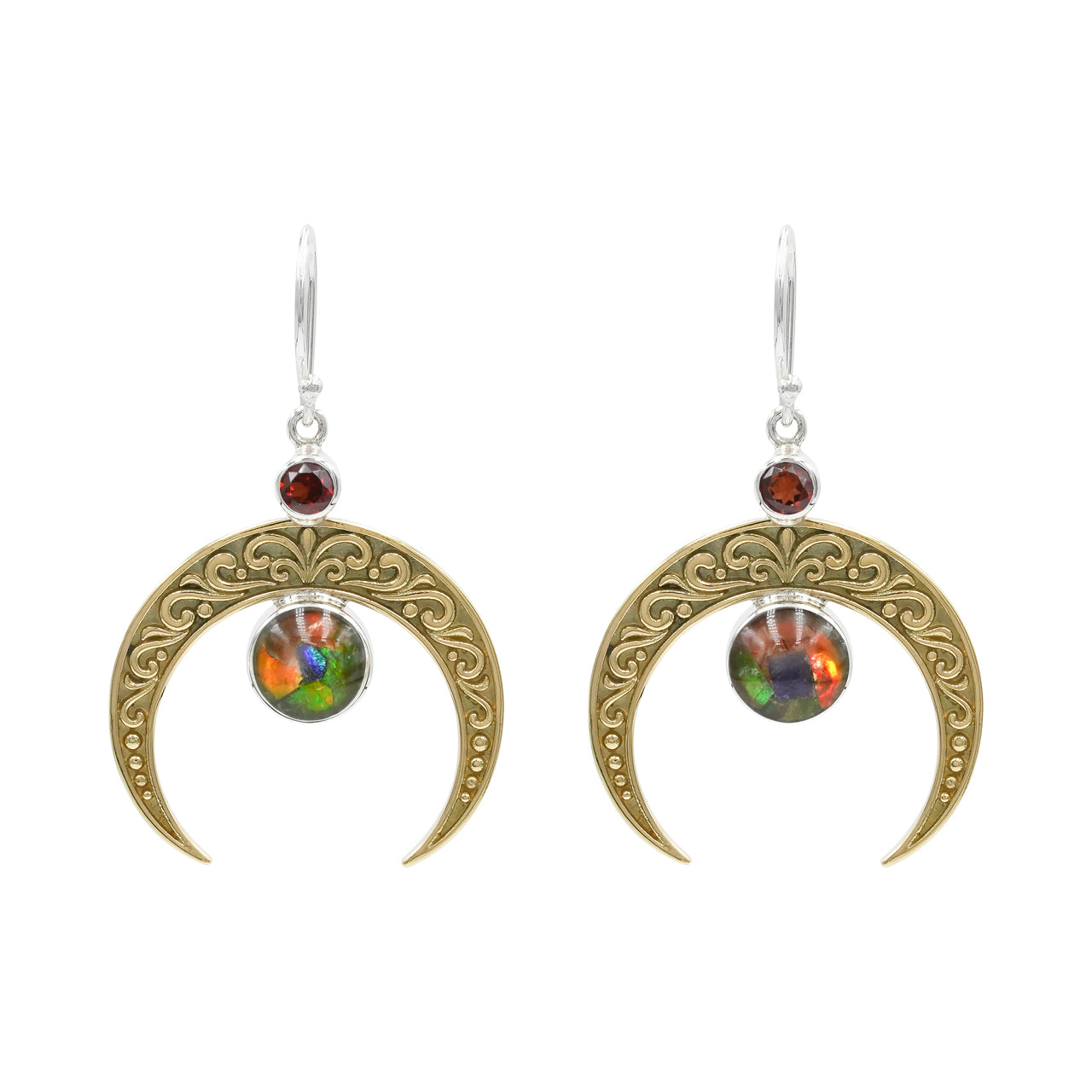 Pendientes colgantes de filigrana con media luna Starborn, ammolita facetada redonda y granate en plata de ley