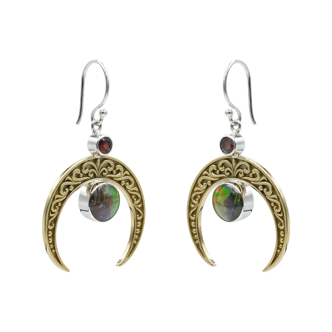 Pendientes colgantes de filigrana con media luna Starborn, ammolita facetada redonda y granate en plata de ley