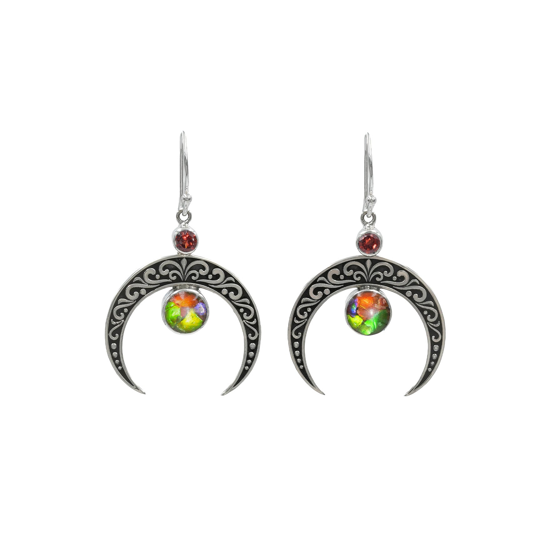 Starborn Crescent Moon Filigree with Round Faceted Ammolite & Garnet Dangle Earrings in Sterling Silver