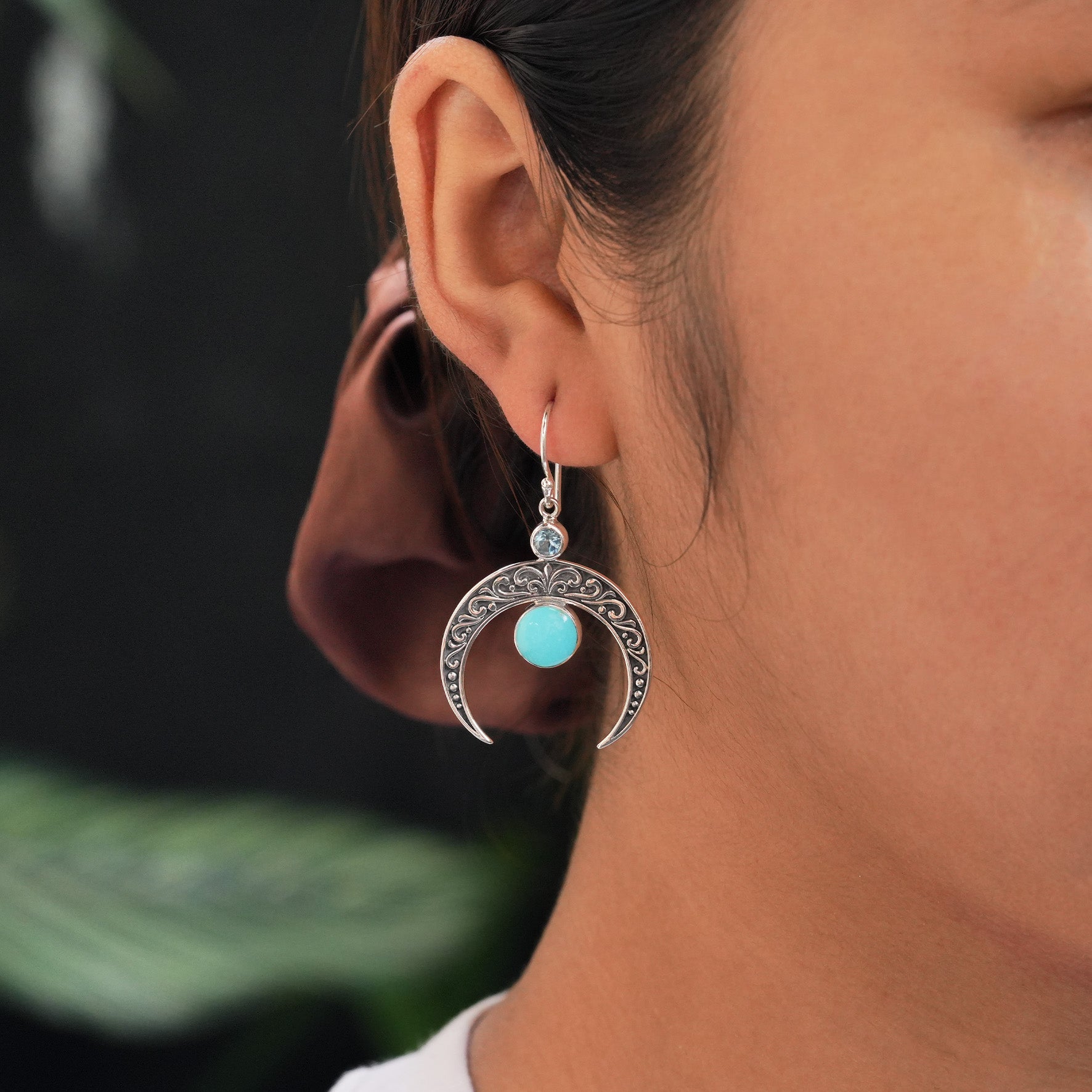 Starborn Crescent Moon Filigree with Round Sleeping Beauty Turquoise & Faceted Blue Topaz Dangle Earrings in Sterling Silver