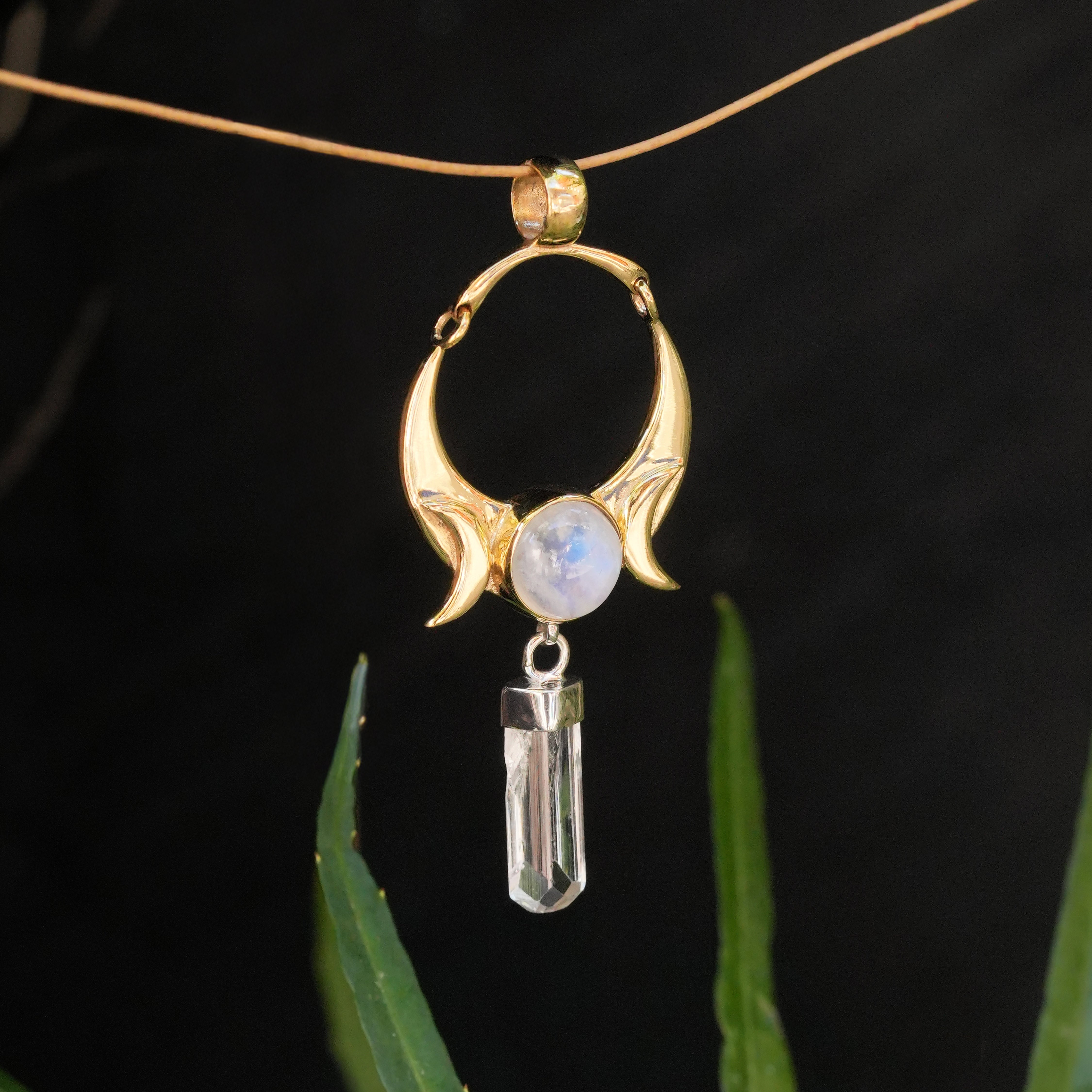 Starborn Danburite Crystal & Rainbow Moonstone Pendant in Sterling Silver