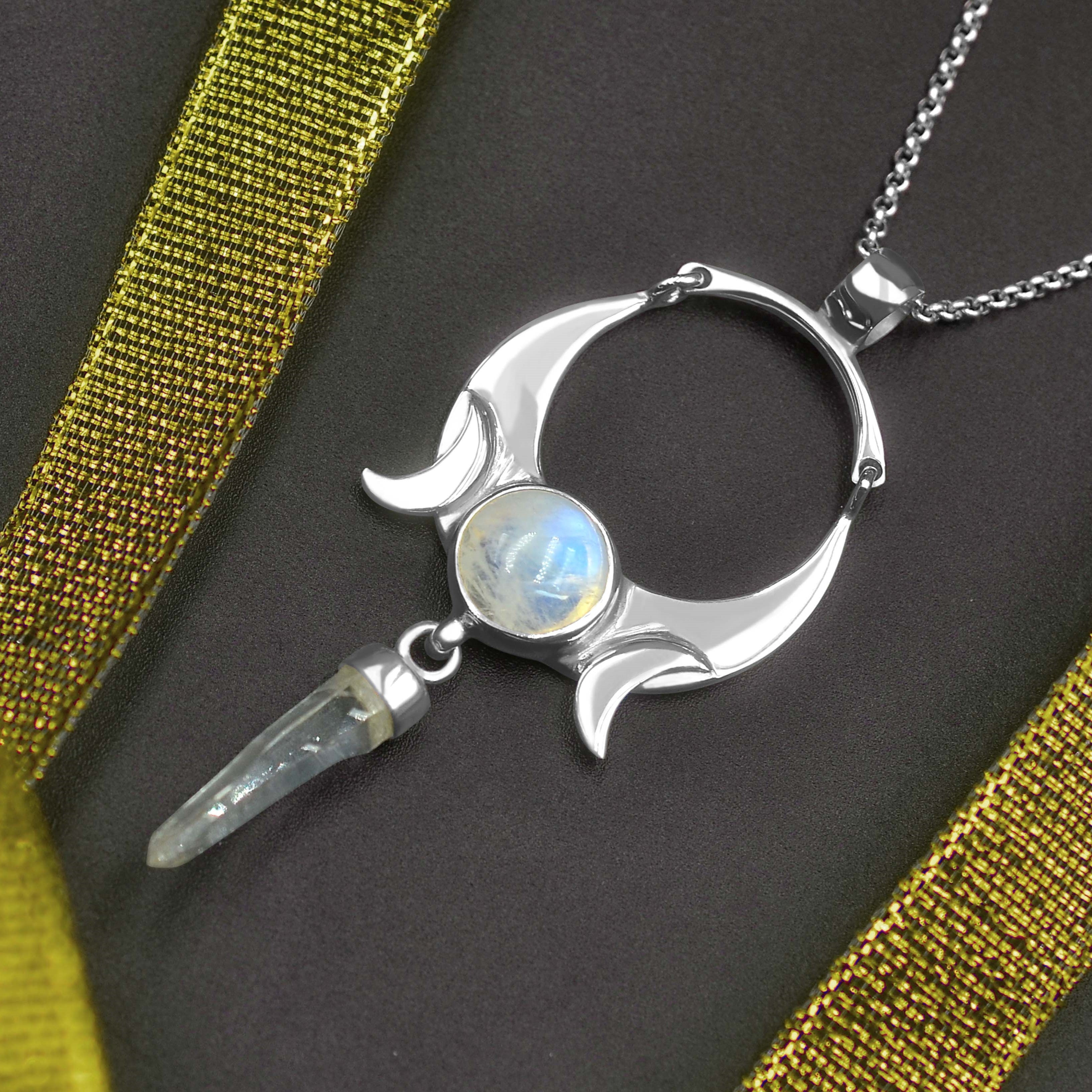 Colgante de cristal de cuarzo Starborn y piedra lunar arcoíris en plata de ley