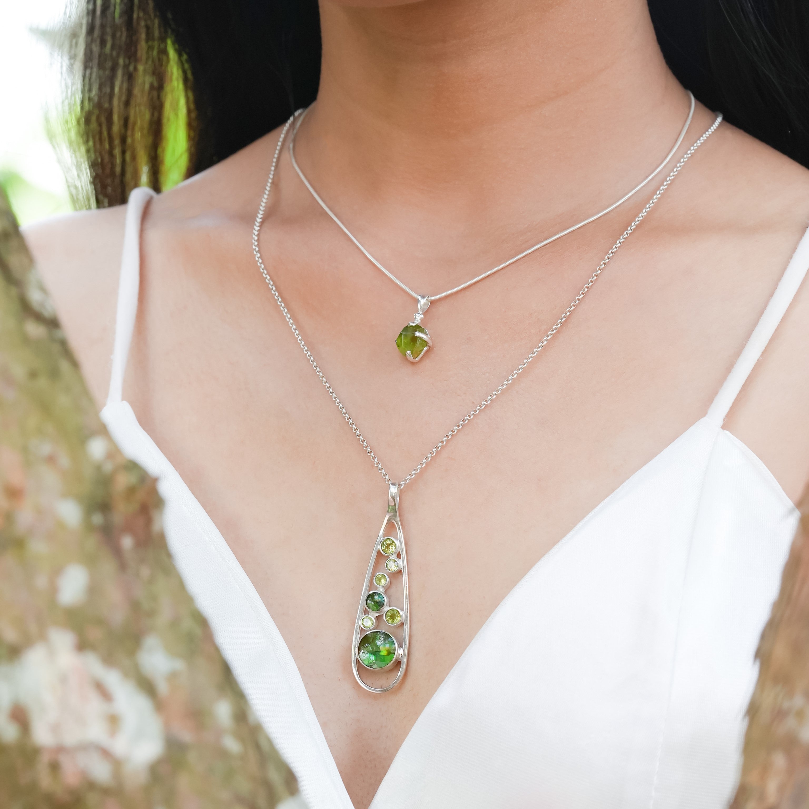 Starborn Ammolite and Faceted Peridot Pendant in Sterling Silver
