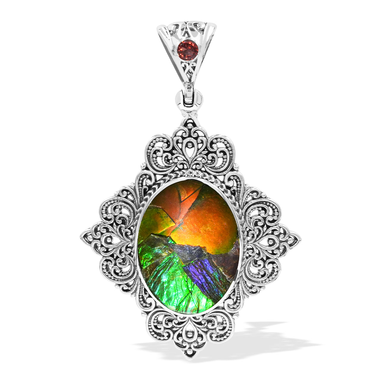 Starborn Ammolite and Garnet Pendant in Sterling Silver