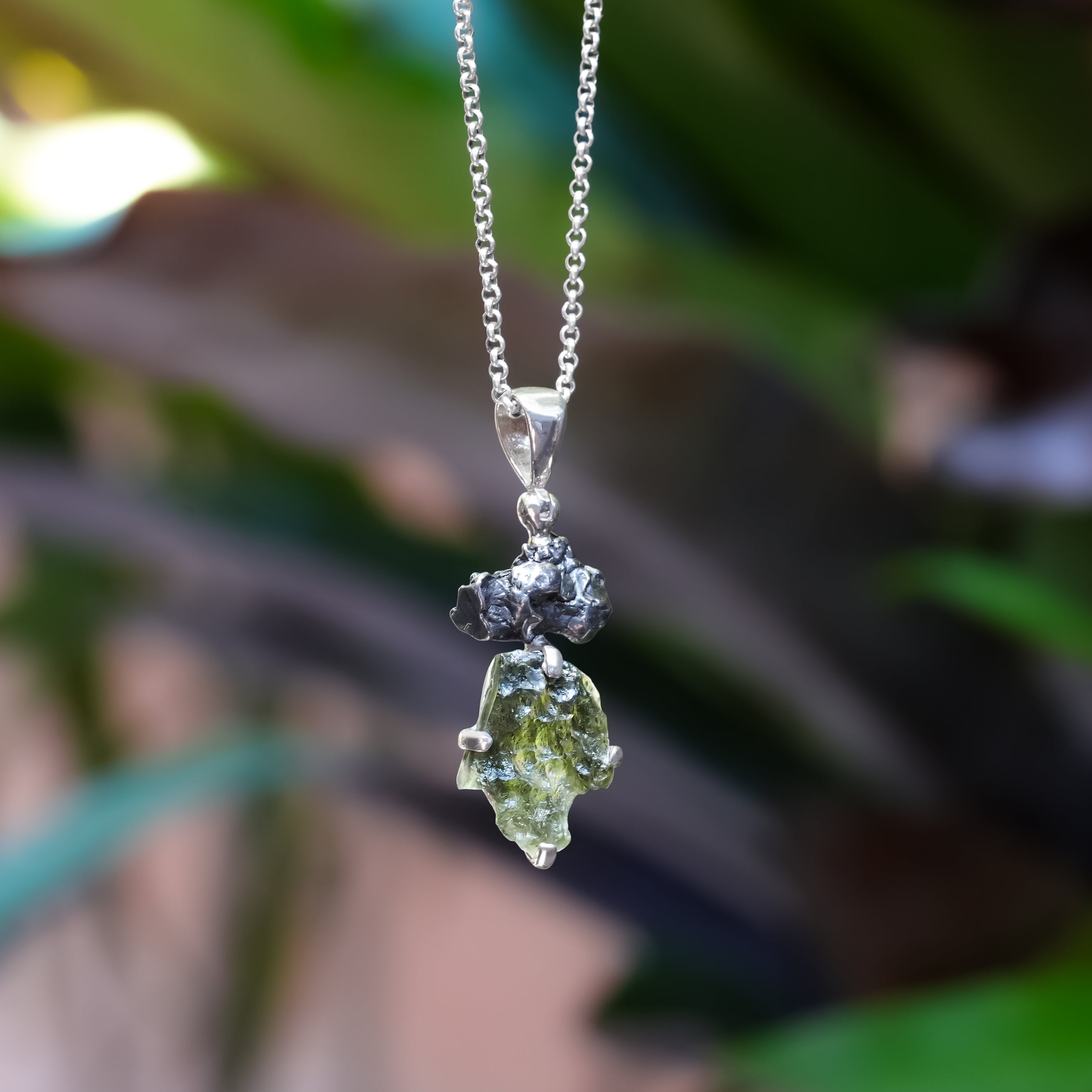 Starborn Moldavite and Campo del Cielo Meteorite Pendant in Sterling Silver