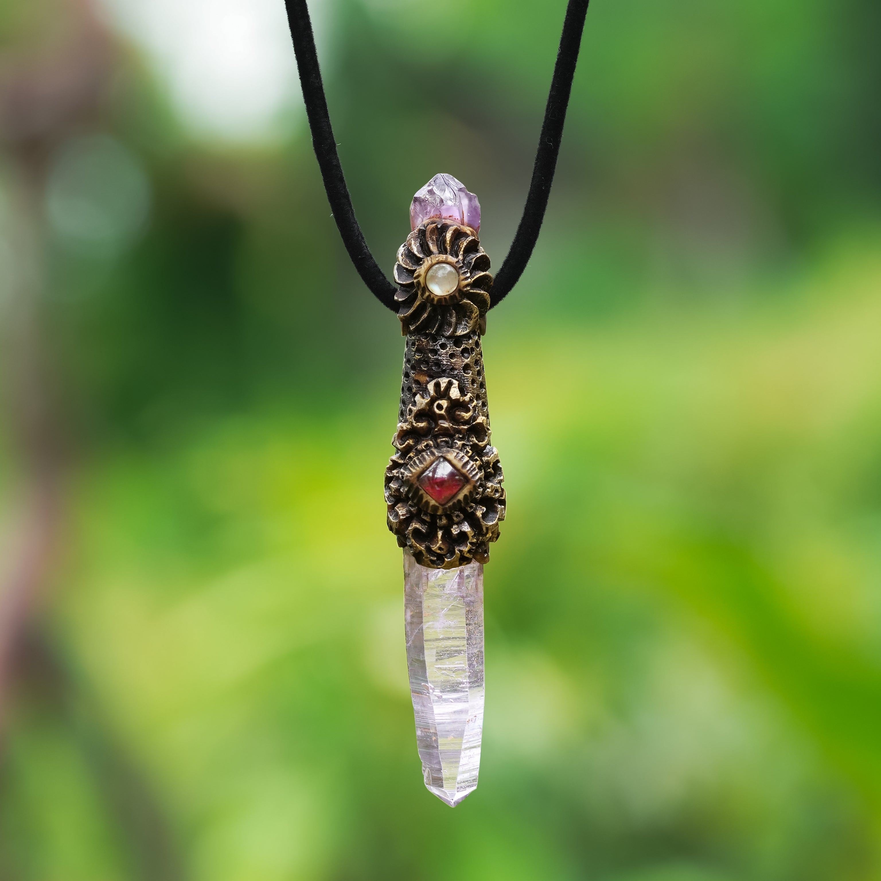 Starborn Vera Cruz Amethyst Crystal Wand Pendant with Rainbow Moonstone, Garnet and Amethyst Rough