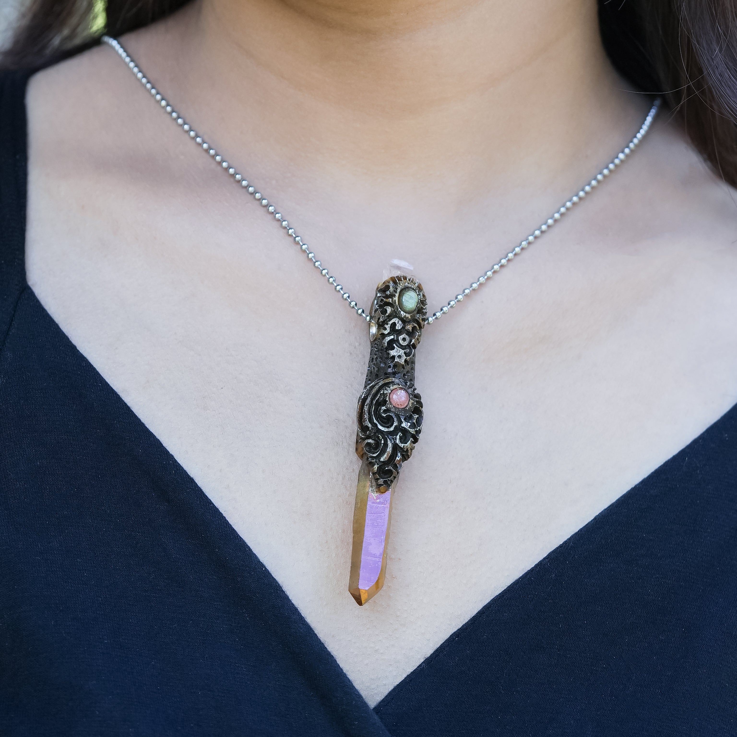 Starborn Sunset Aura Quartz Crystal Wand Pendant with Morganite, Labradorite and Rhodochrosite