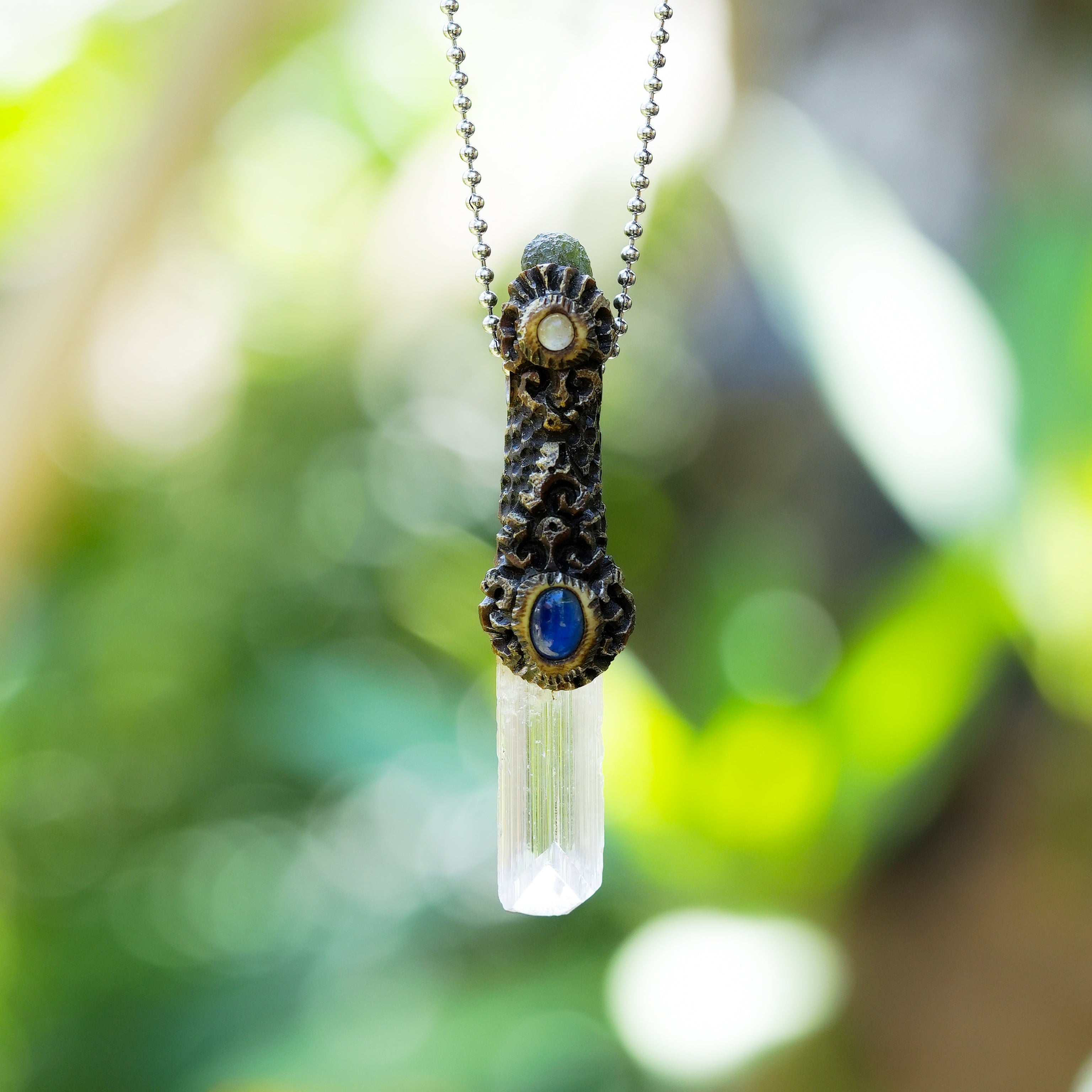 Starborn Danburite Crystal Wand Pendant with Kyanite, Moldavite and Rainbow Moonstone