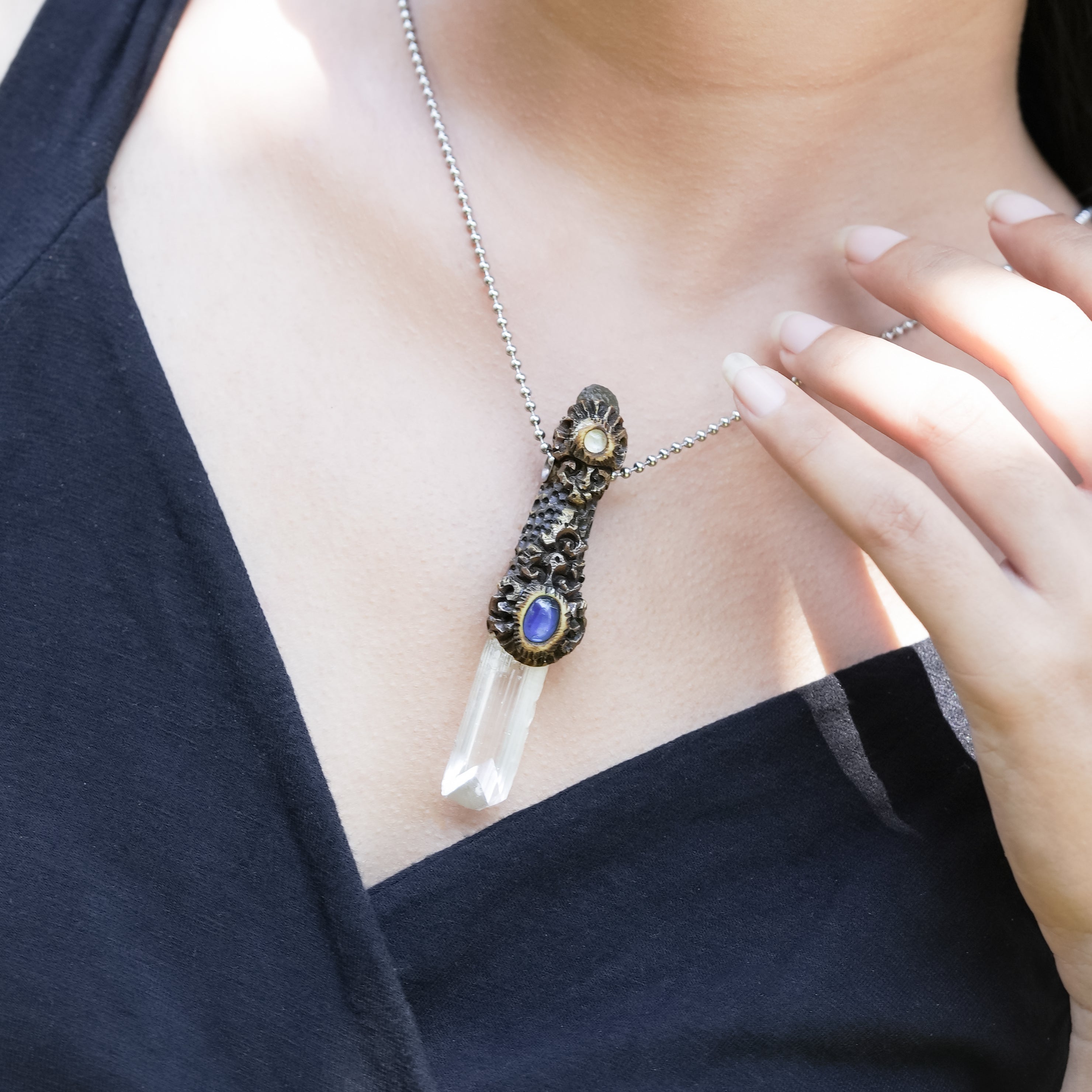 Starborn Danburite Crystal Wand Pendant with Kyanite, Moldavite and Rainbow Moonstone