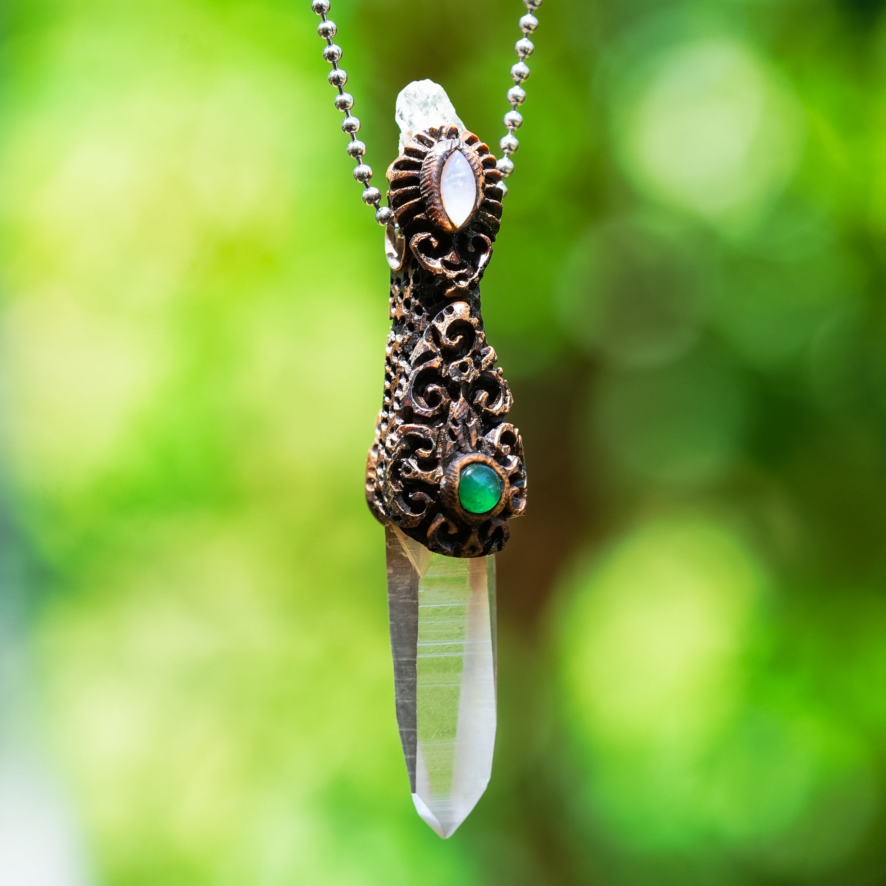 Starborn Quartz Crystal Wand Pendant with Aquamarine, Chrysoprase and Rainbow Moonstone