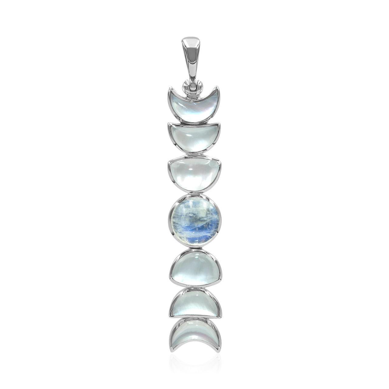 Starborn Mother of Pearl with Rainbow Moonstone Vertical Moon Phase Pendant in Sterling Silver