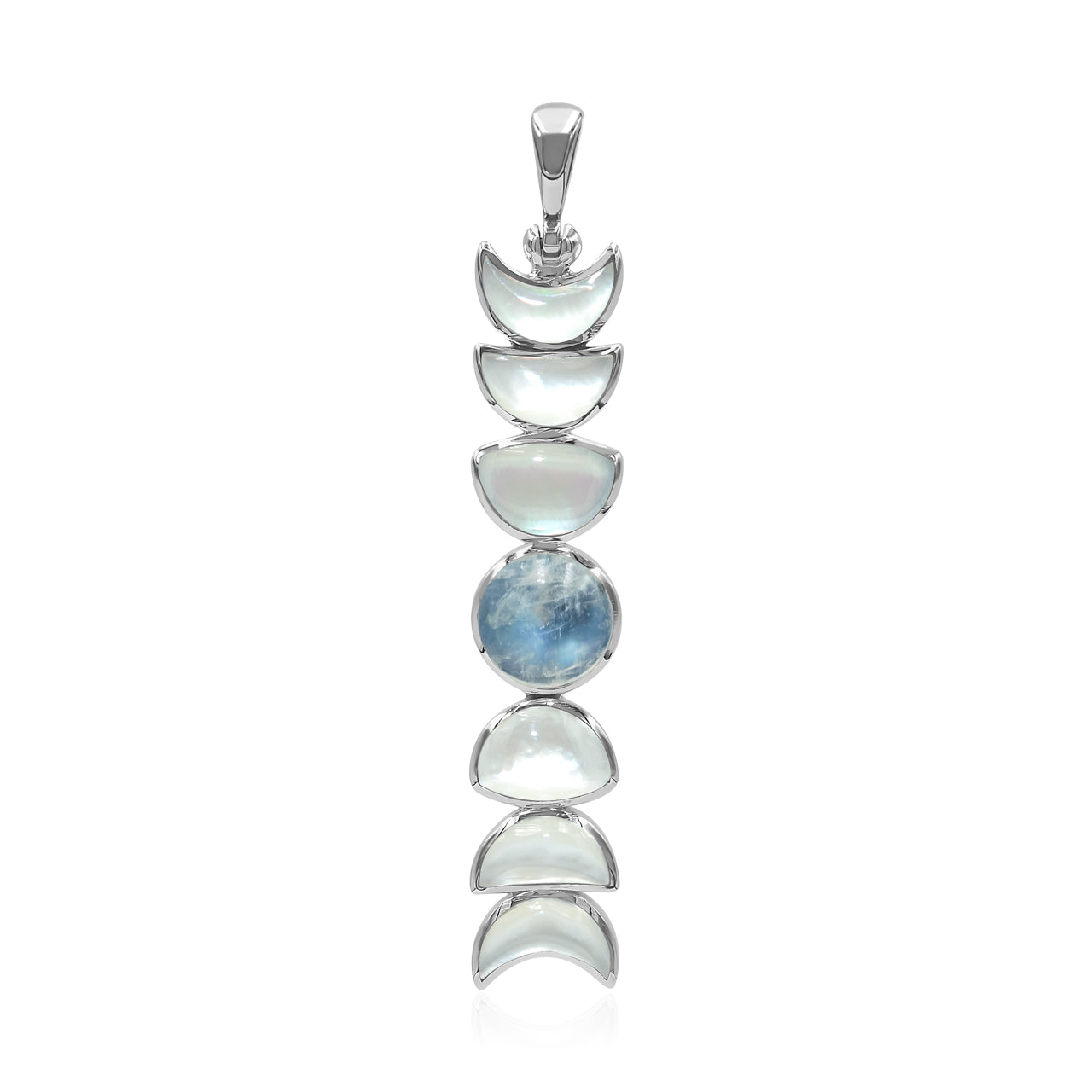 Starborn Mother of Pearl with Rainbow Moonstone Vertical Moon Phase Pendant in Sterling Silver