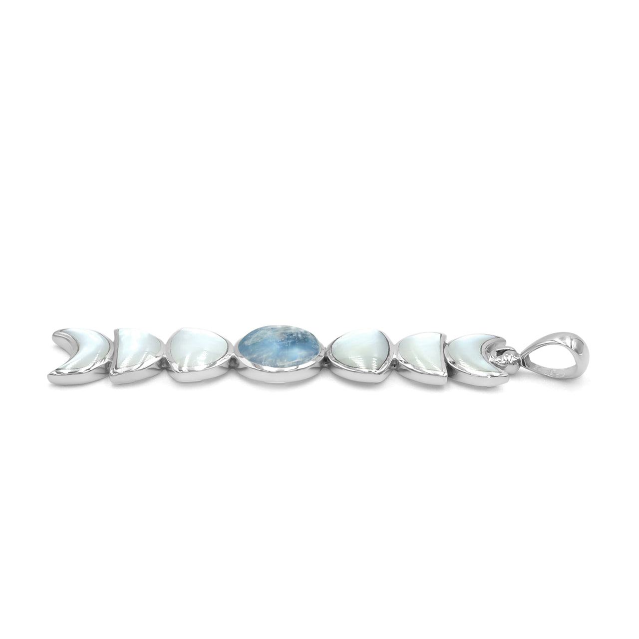 Starborn Mother of Pearl with Rainbow Moonstone Vertical Moon Phase Pendant in Sterling Silver