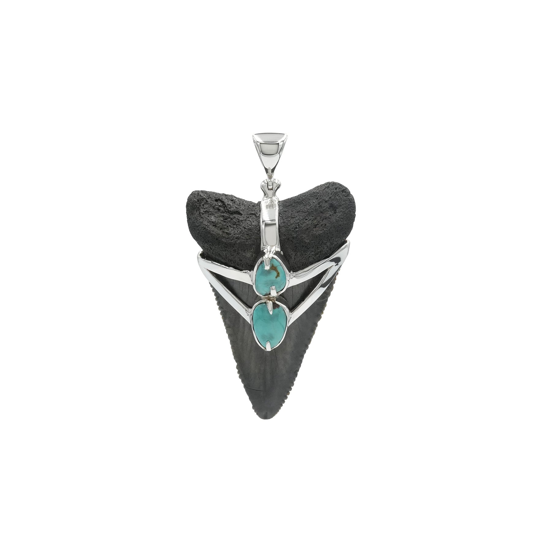 Starborn Fossil Shark Tooth with Dual Turquoise V-Wrap Setting Pendant in Sterling Silver