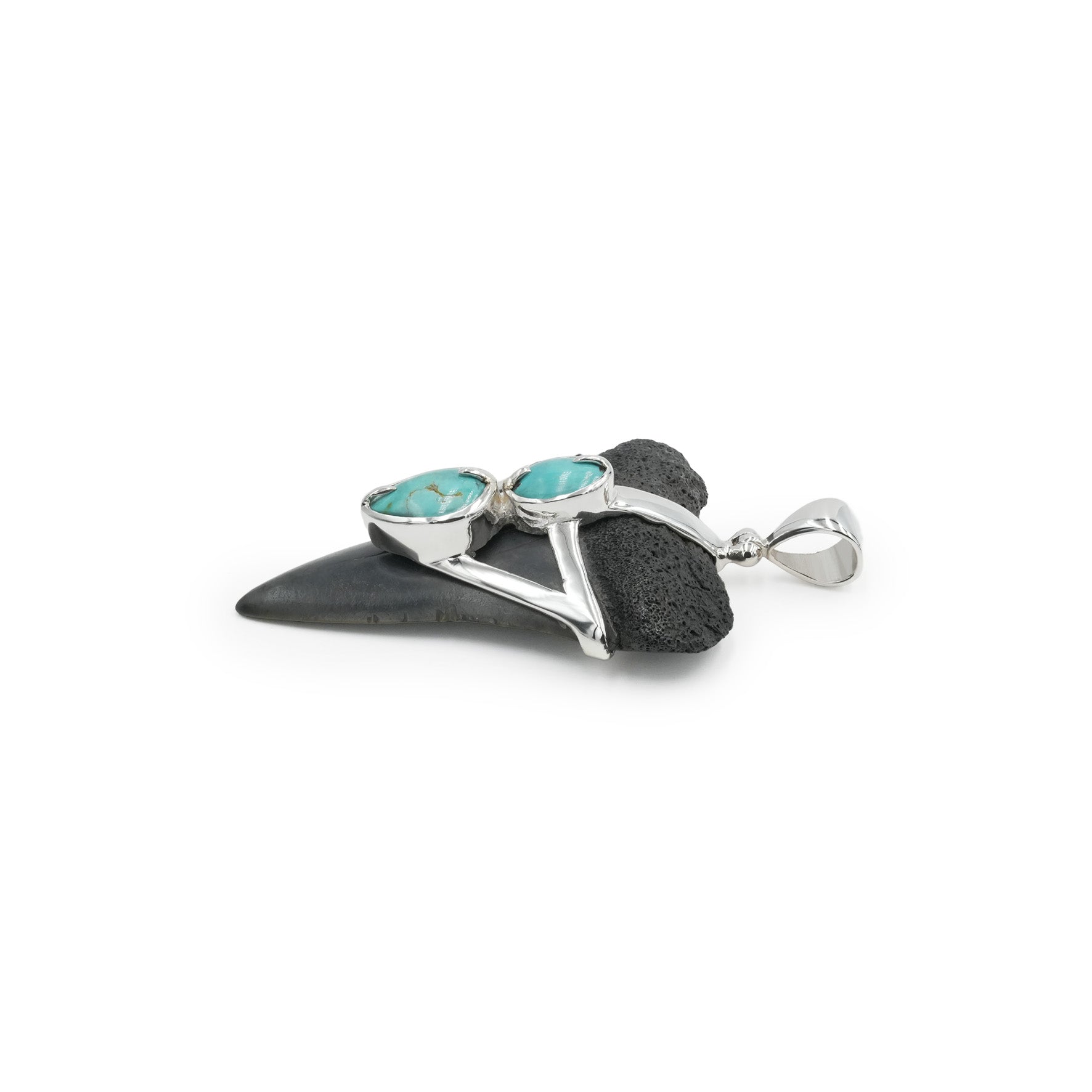 Starborn Fossil Shark Tooth with Dual Turquoise V-Wrap Setting Pendant in Sterling Silver