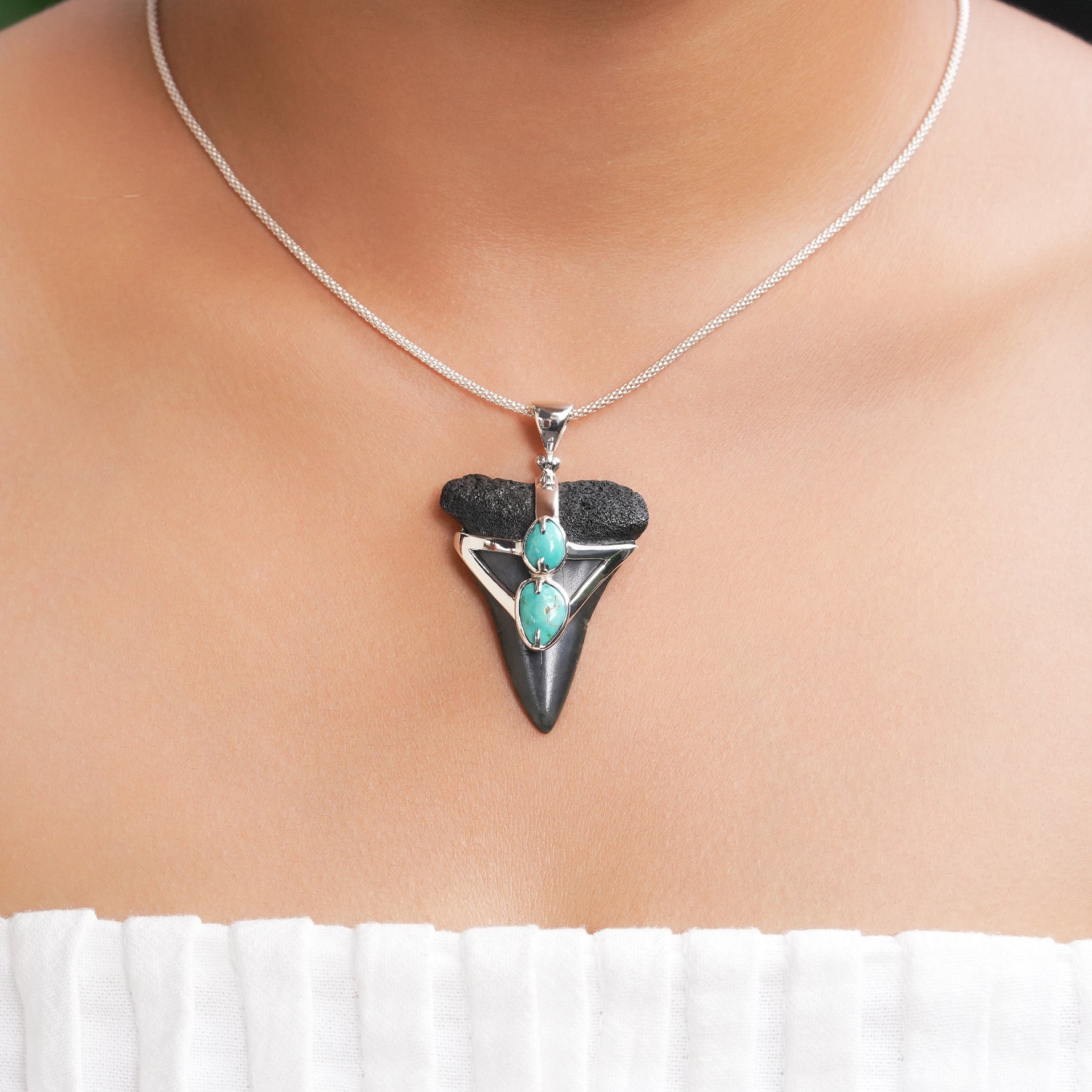 Starborn Fossil Shark Tooth with Dual Turquoise V-Wrap Setting Pendant in Sterling Silver