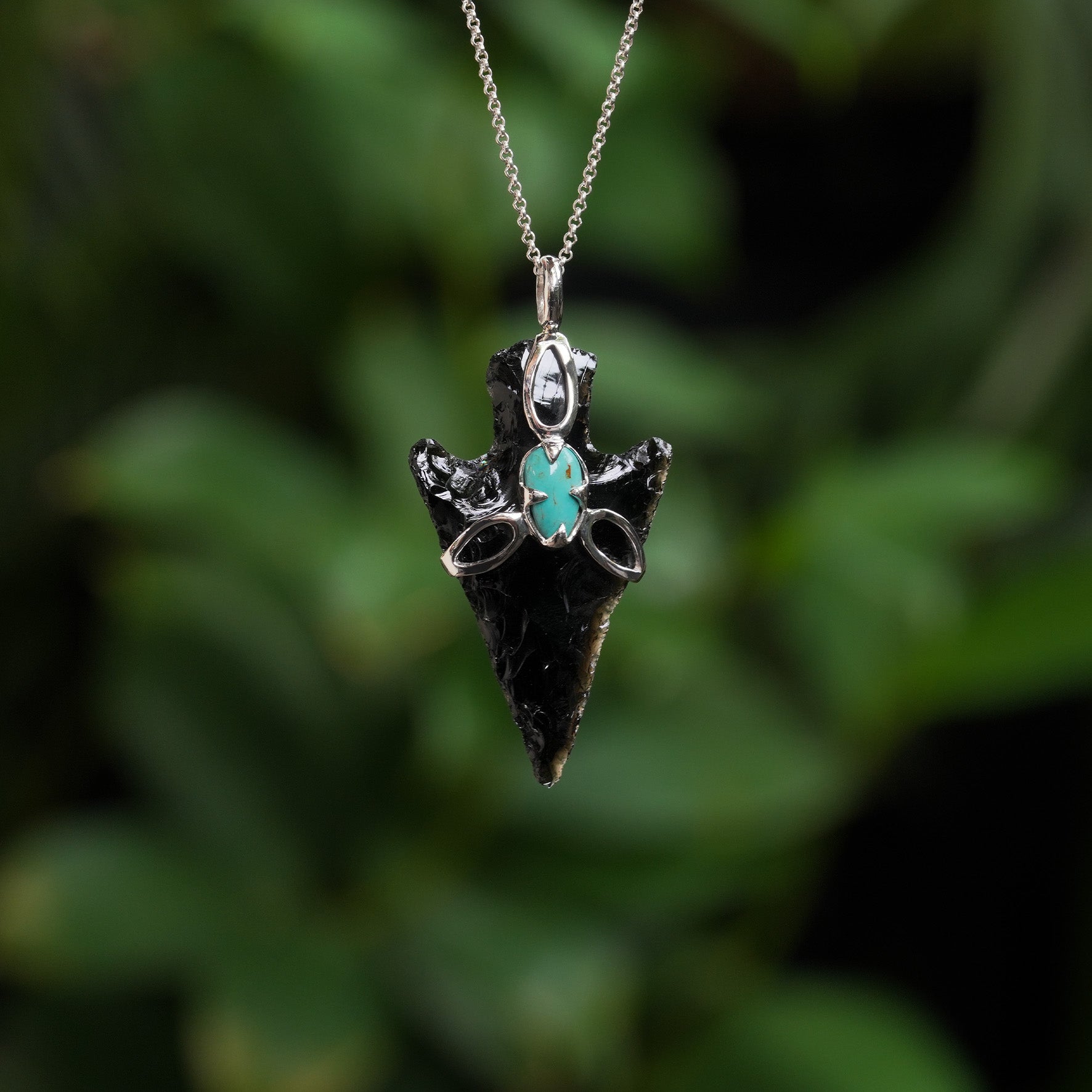 Starborn Obsidian Arrowhead Triquetra Pendant with Turquoise Accent in Sterling Silver