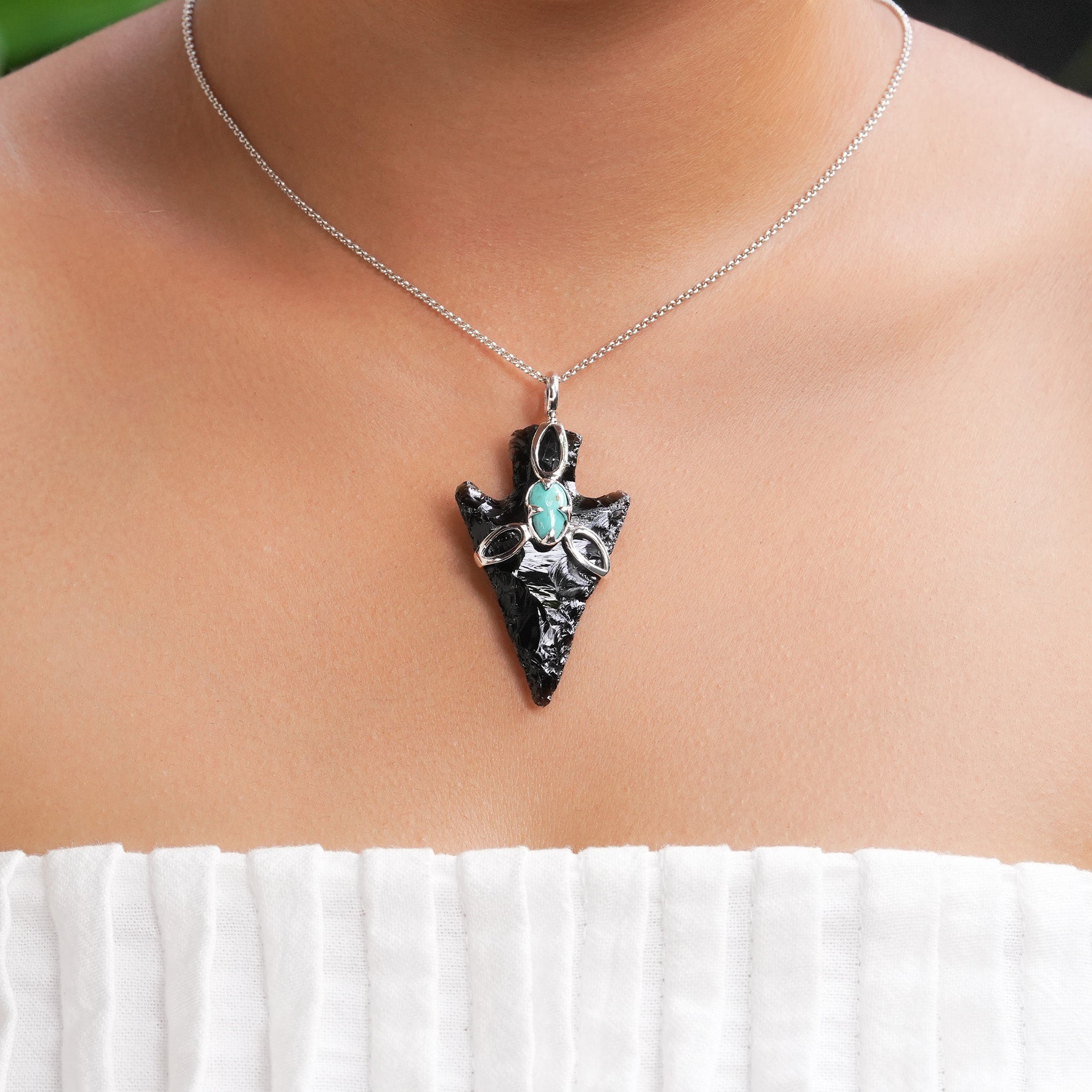 Starborn Obsidian Arrowhead Triquetra Pendant with Turquoise Accent in Sterling Silver
