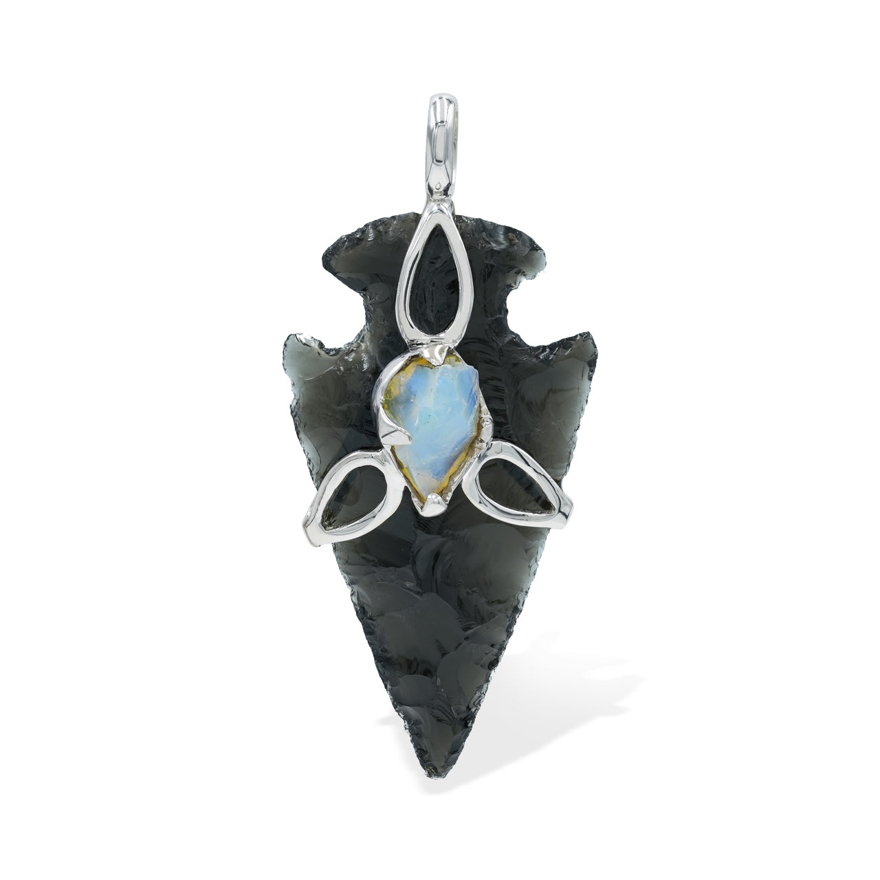 Starborn Obsidian Arrowhead Triquetra Pendant with Ethiopian Opal in Sterling Silver