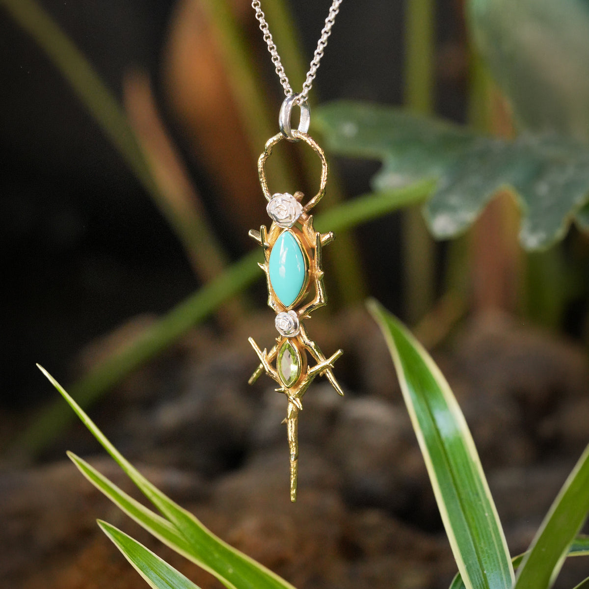 Starborn Thorn and Rose Pendant with Peridot & Turquoise in Nordic Gold & Sterling Silver