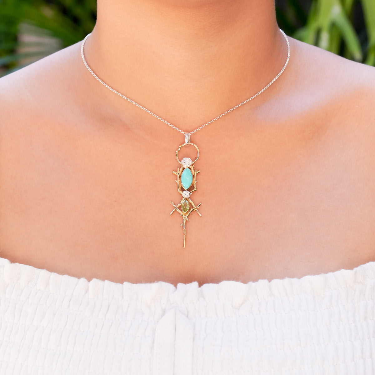 Starborn Thorn and Rose Pendant with Peridot & Turquoise in Nordic Gold & Sterling Silver