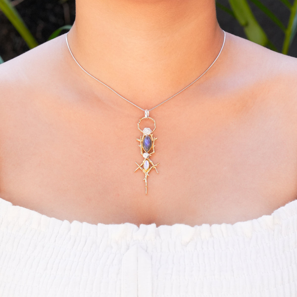 Starborn Thorn and Rose Pendant with Labradorite & Rainbow Moonstone in Nordic Gold & Sterling Silver