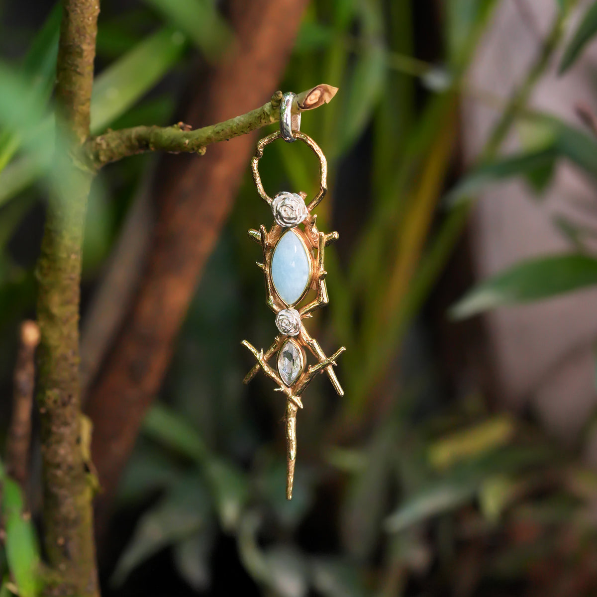 Starborn Thorn and Rose Pendant with Hemimorphite & White Topaz in Nordic Gold & Sterling Silver