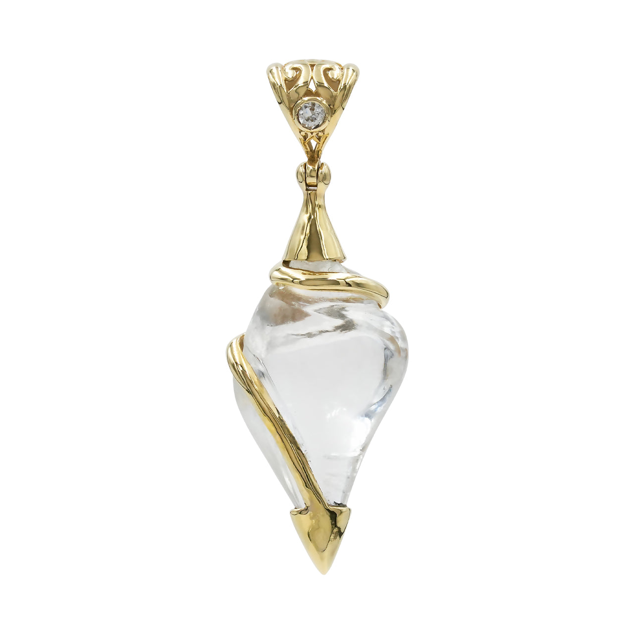 Starborn Carved Quartz Shell with White Topaz Accent Pendant in Nordic Gold