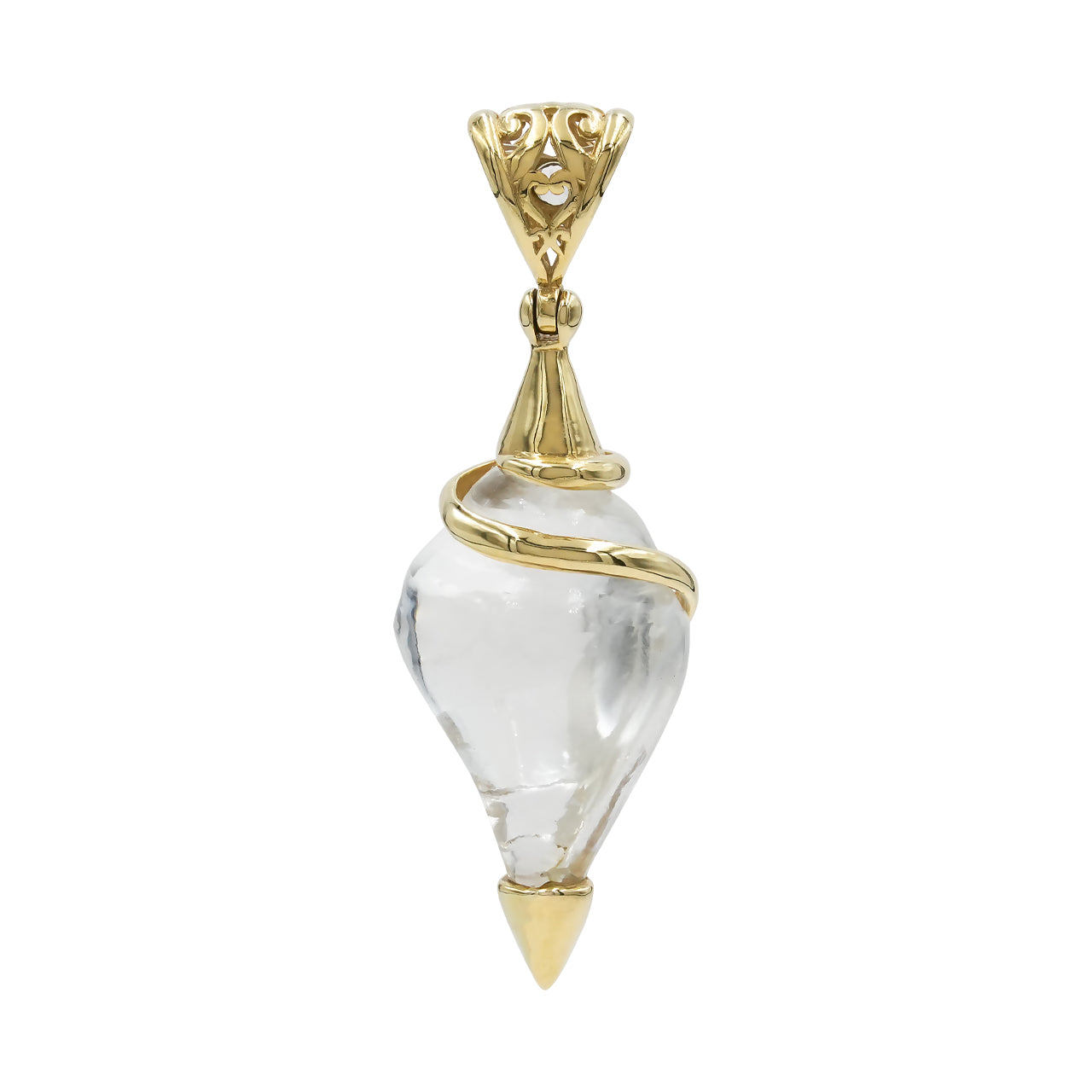 Starborn Carved Quartz Shell with White Topaz Accent Pendant in Nordic Gold