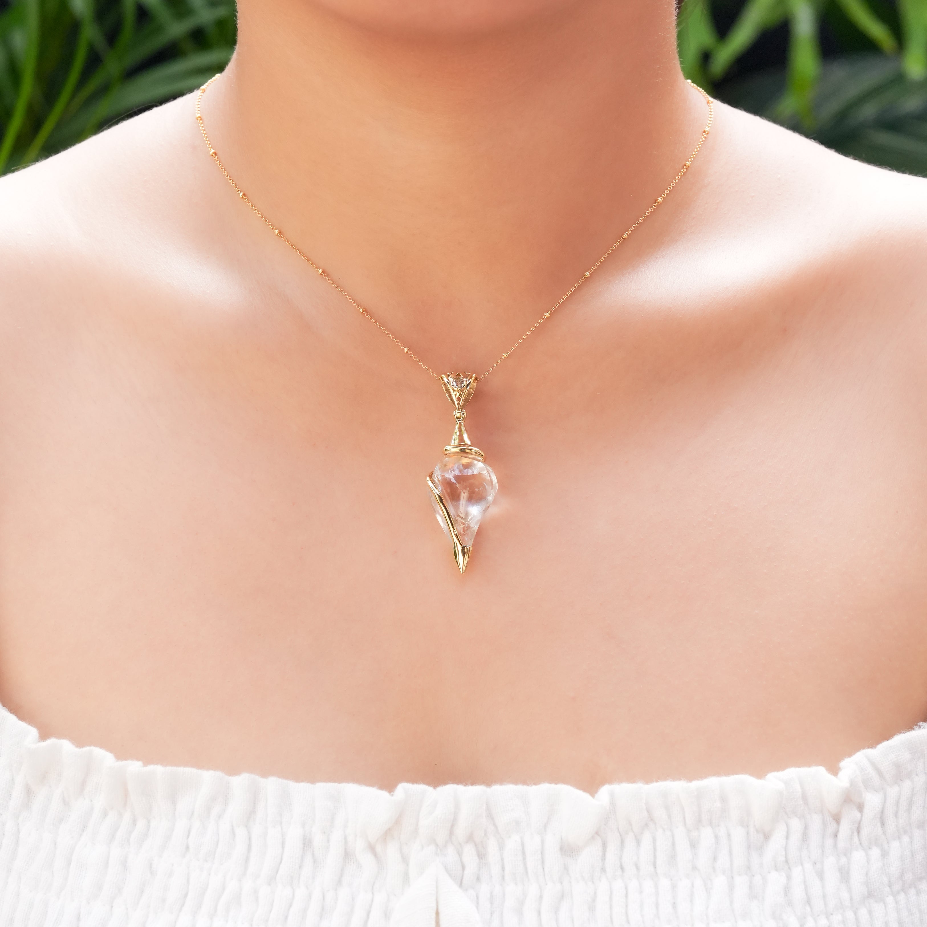 Starborn Carved Quartz Shell with White Topaz Accent Pendant in Nordic Gold