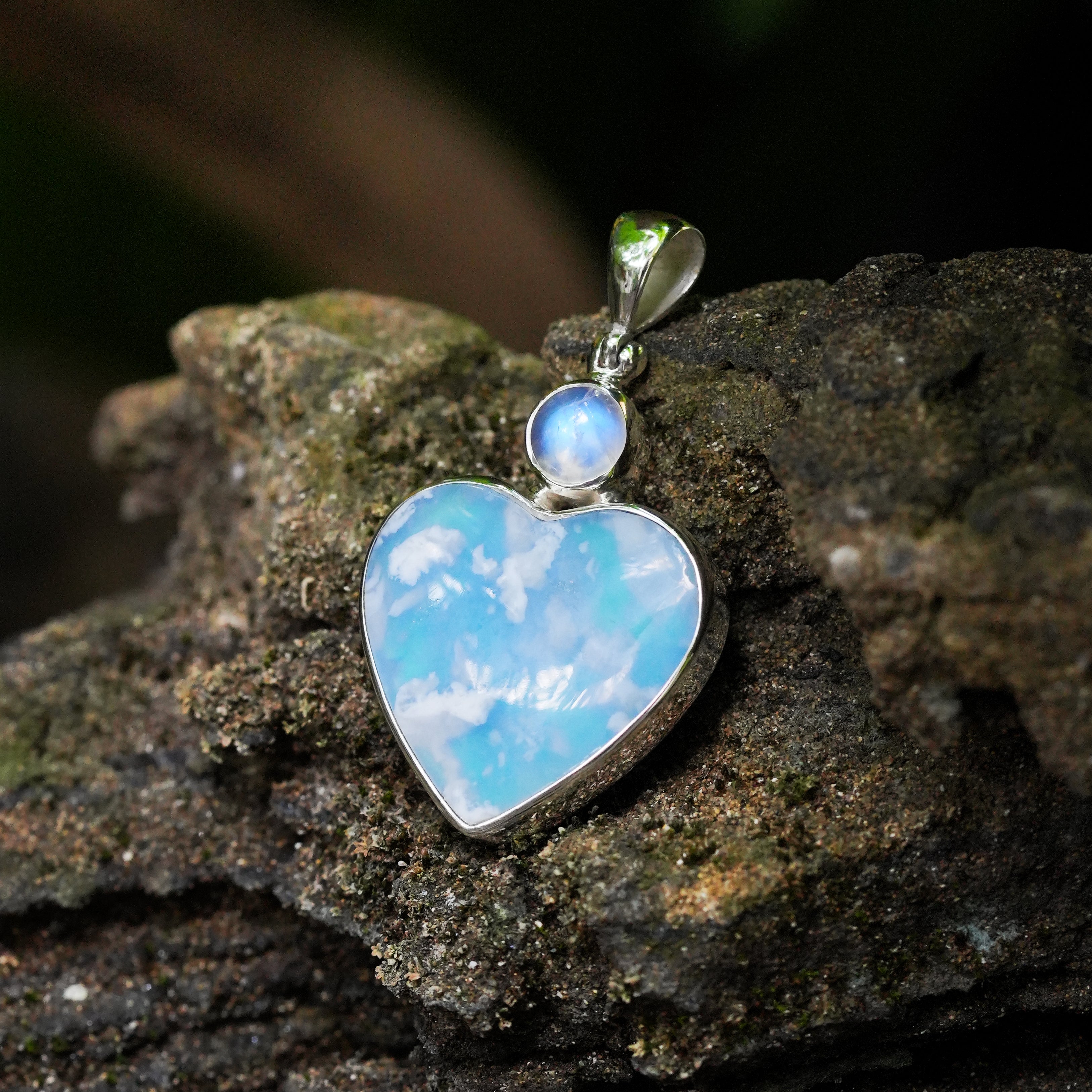 Starborn Aura Plume Agate Heart Pendant in Sterling Silver
