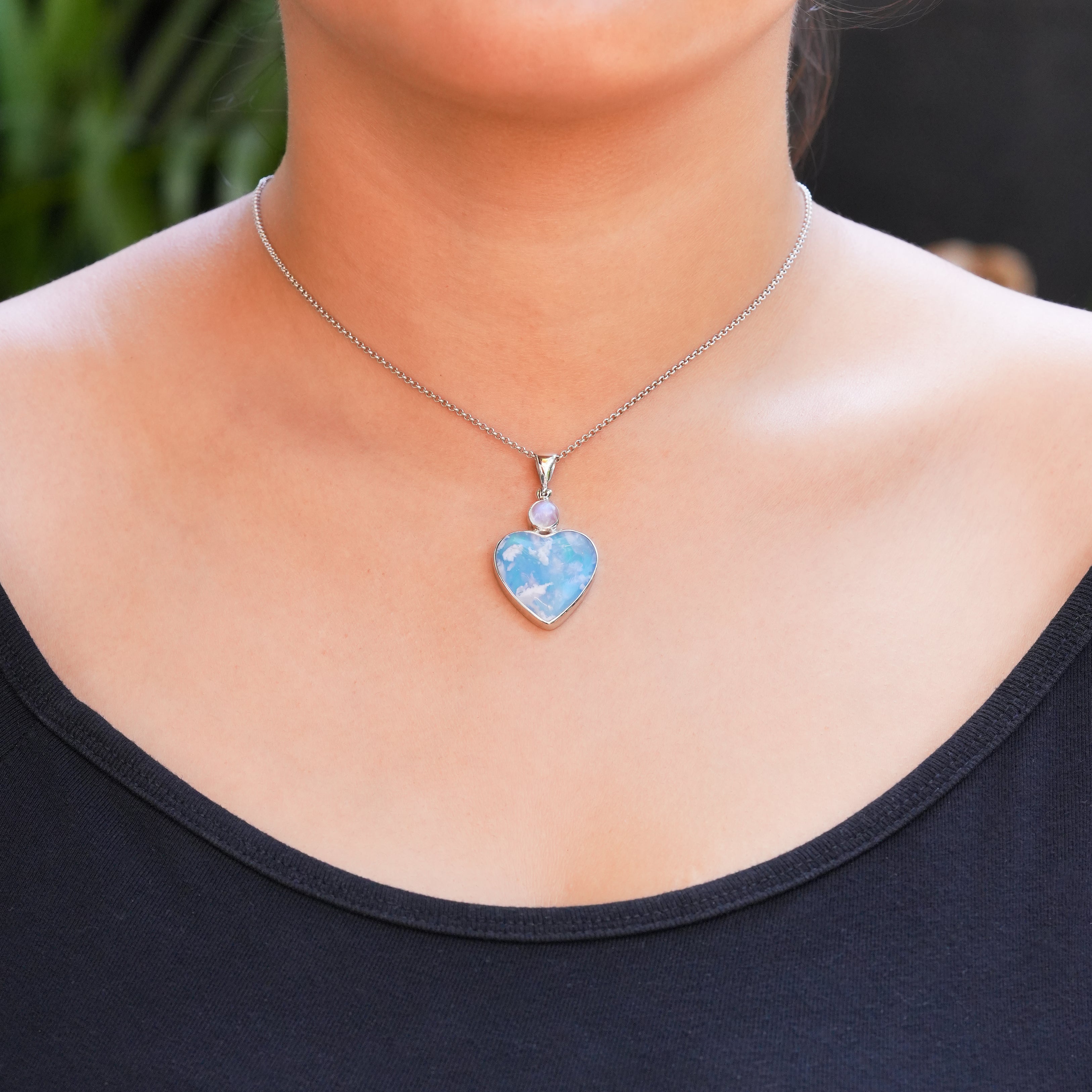 Starborn Aura Plume Agate Heart Pendant in Sterling Silver
