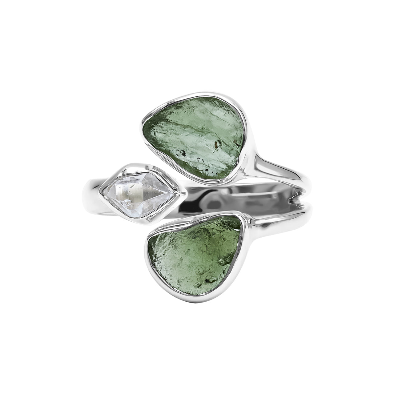 Starborn Moldavit- und Herkimer-Diamantring in Sterlingsilber
