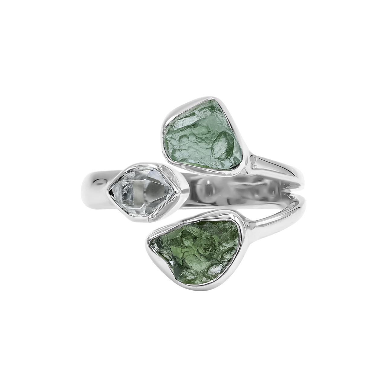 Starborn Moldavit- und Herkimer-Diamantring in Sterlingsilber