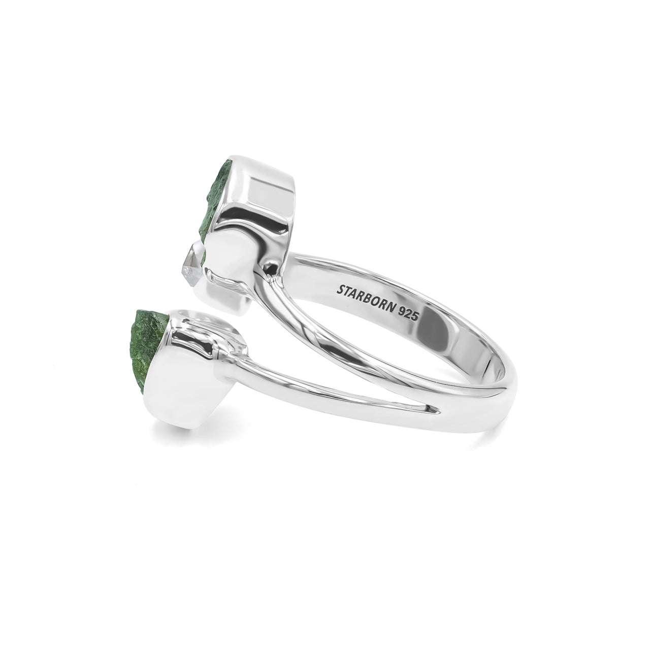 Starborn Moldavit- und Herkimer-Diamantring in Sterlingsilber