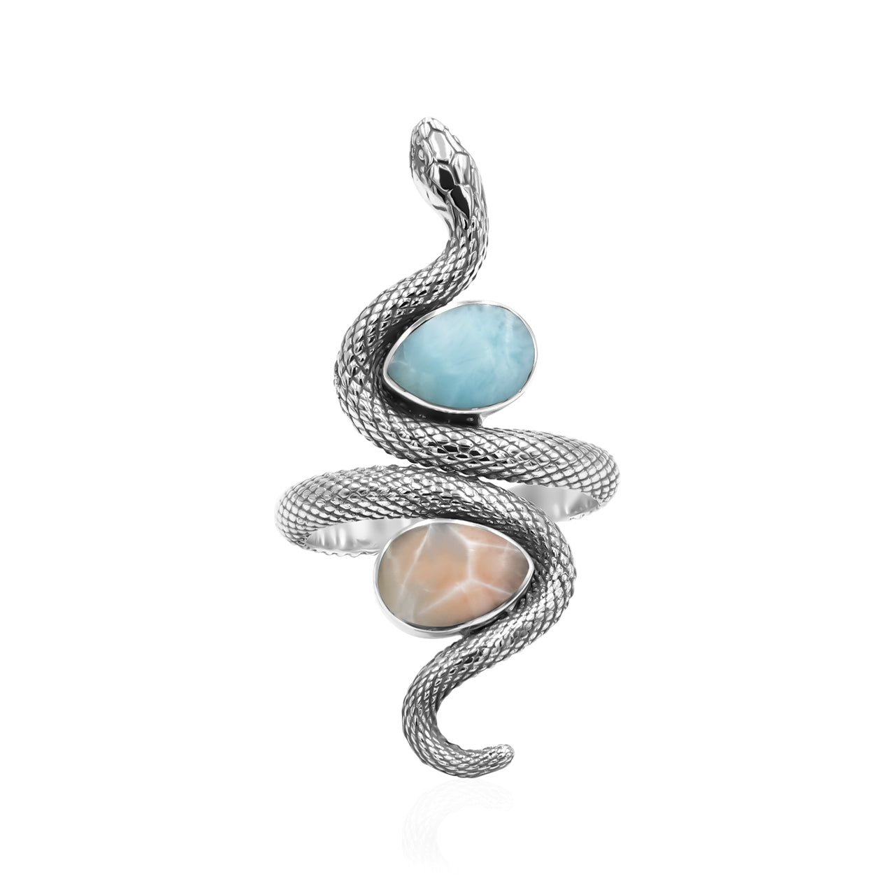 Starborn Coiled Snake Ring with Dual Larimar &amp; Pink Natrolite in Sterling Silver