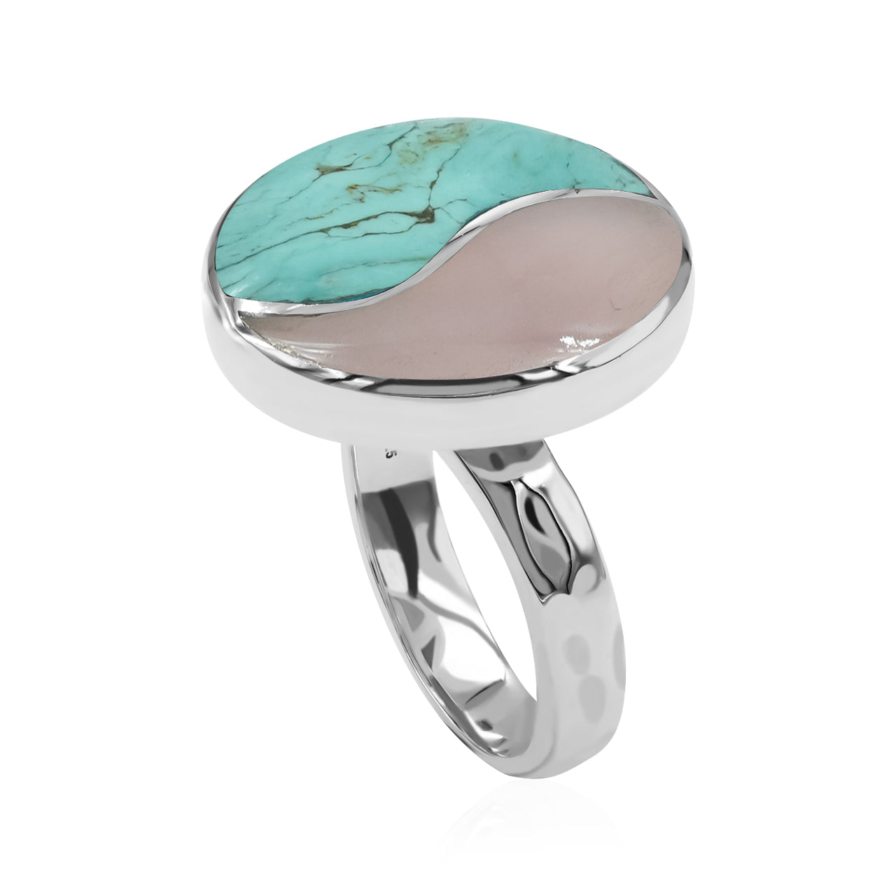 Starborn Turquoise & Guava Quartz Yin and Yang Round Ring in Sterling Silver